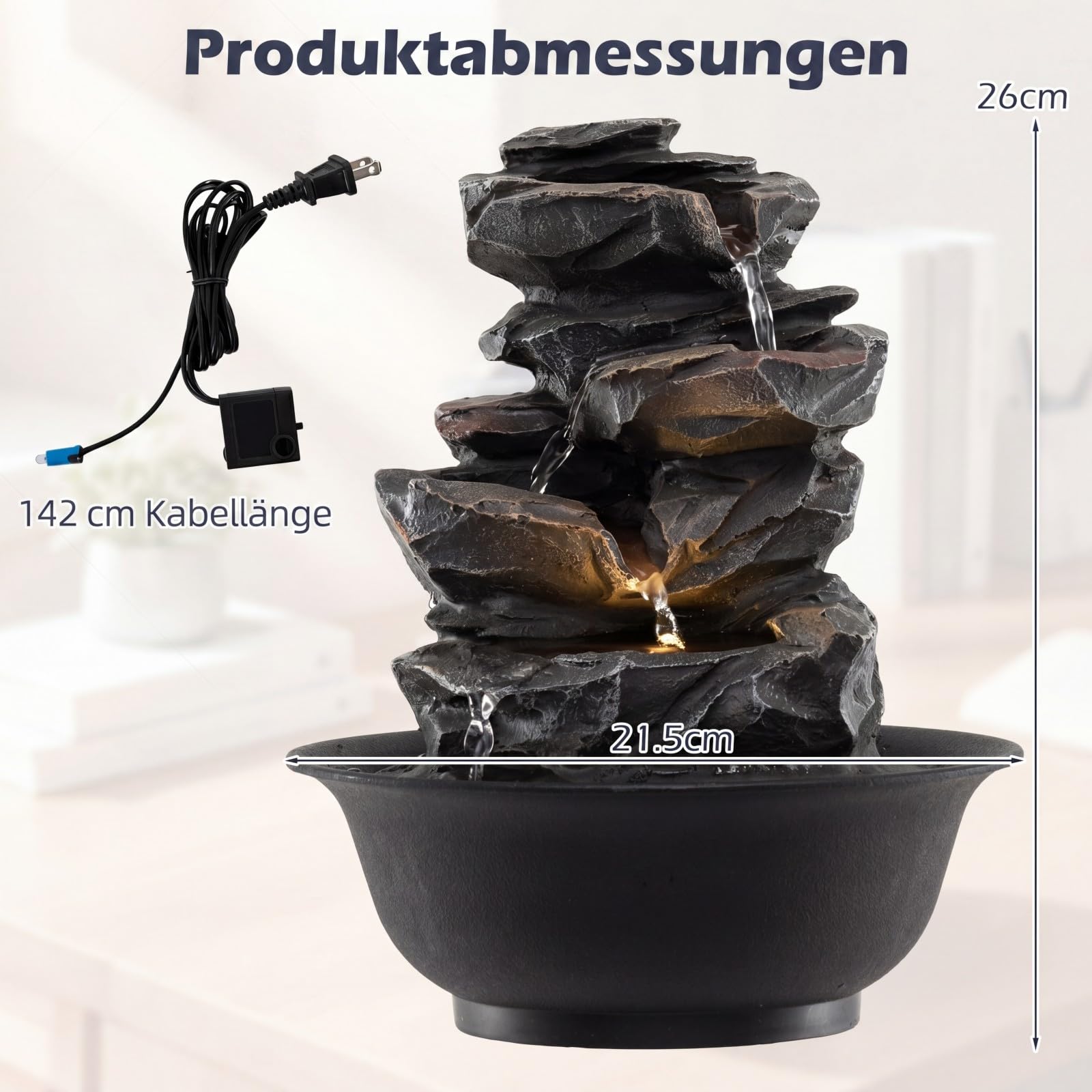 COSTWAY Zimmerbrunnen mit Pumpe, Tischbrunnen mit LED Beleuchtung & einstellbarer Wasserdurchfluss, Wasserbrunnen Stein Optik, Springbrunnen für Garten, Brunnen Wasserfall, Tischdekoration, 21,5x26 cm