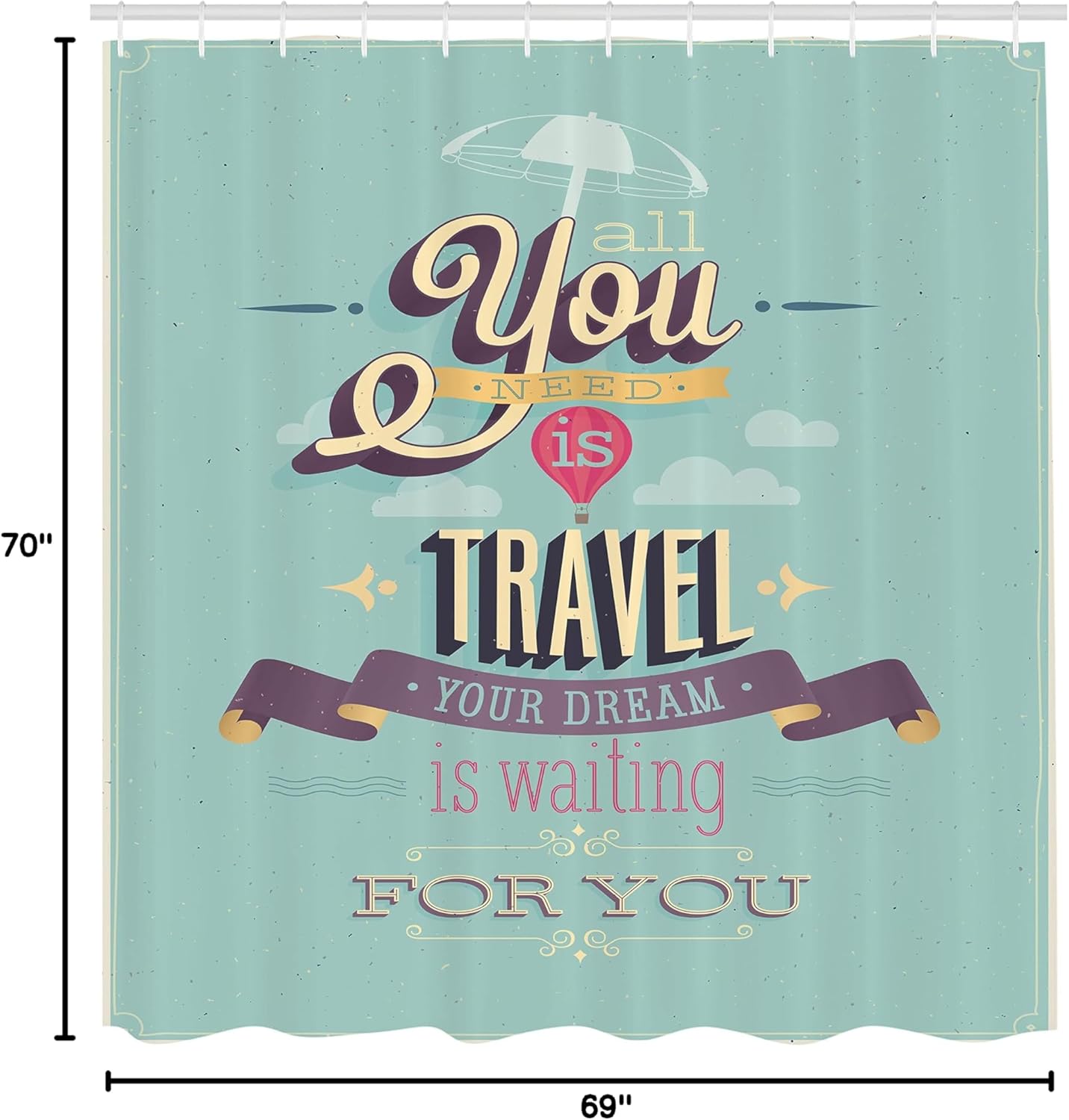 Ambesonne Vintage Shower Curtain, Travel Dream Voyage Inspirational Themed Words Happy Advertisement Print, Cloth Fabric Bathroom Decor Set with Hooks, 69" W x 70" L, Blue