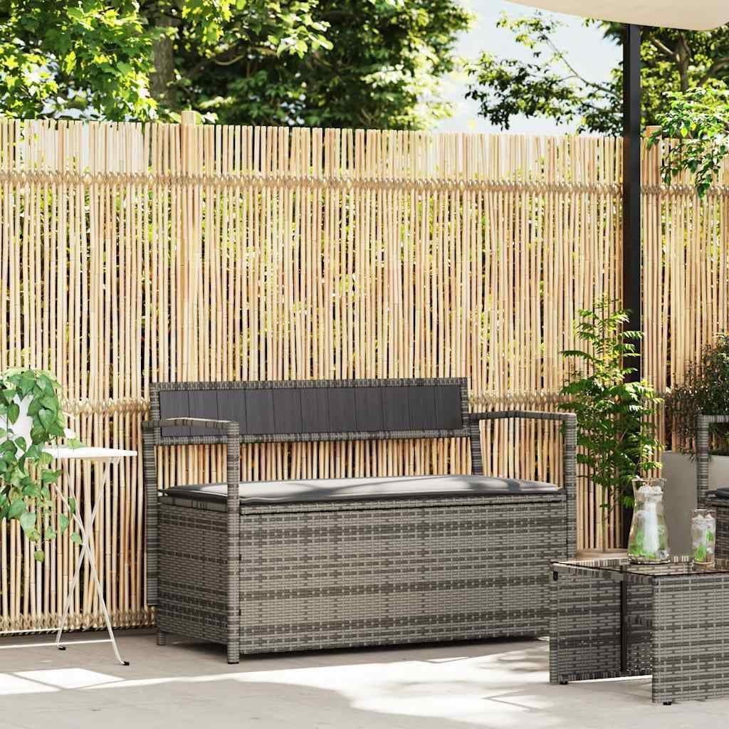 vidaXL Gartenbank mit Stauraum und Kissen Grau Poly Rattan, Gartenbank, Parkbank, Outdoor-Bank, Sitzbank, Terrassenbank, Außenbank, Gartenmöbel