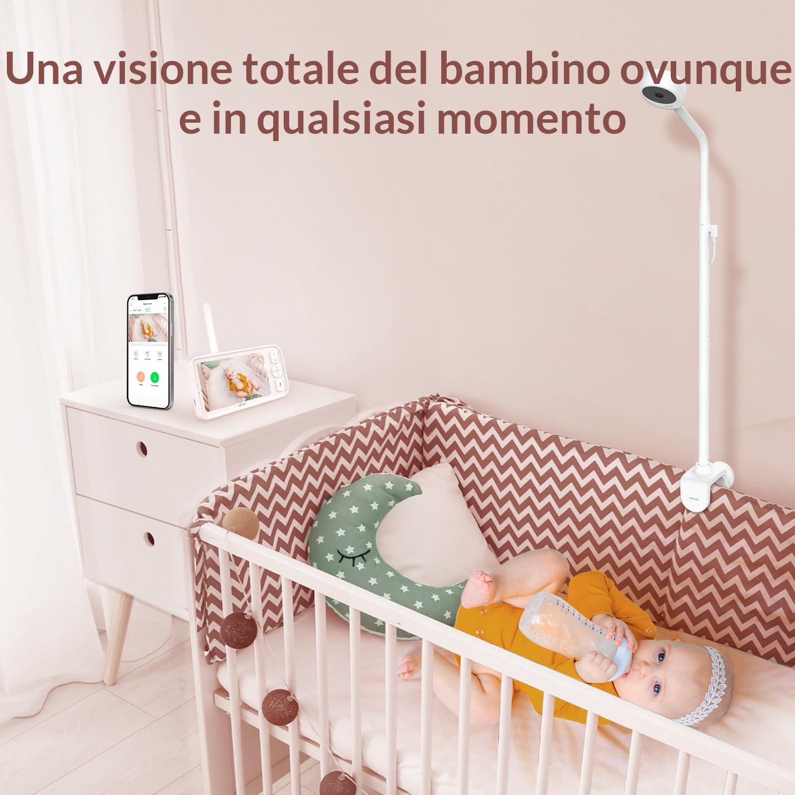 NETVUE Baby Monitor Video e Audio, Telecamera Bambini con Supporto 4 in 1, Controllo da HD 5" LCD Monitor e App Mobile, 3 Modalità di Rilevamento Intelligenti, Audio Bidirezionale, Visione Notturna