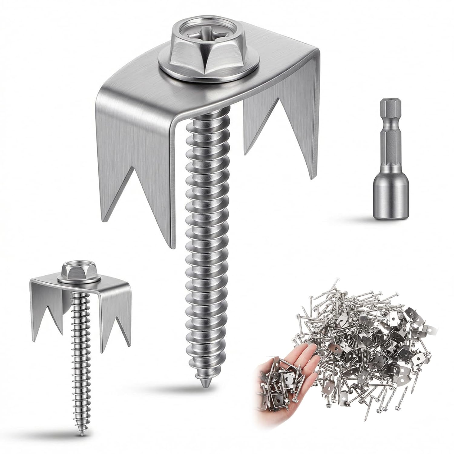 300 Pcs Fence Staples 304 Stainless Steel 1.75 Inch, Reusable Wire Fence Staples Screws, Hex Adapter Included for Wire Mesh Woven Fencing Softwood & Cordless Drill Compatible