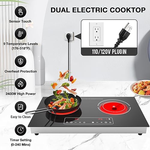 Miniatura 3 de Cocina eléctrica, 110 V, 2400 W, 2 quemadores, encimera y estufa integrada con 9 niveles de potencia, bloqueo de seguridad para niños, temporizador,