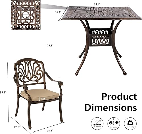Miniatura 6 de Grepatio Juego de comedor de 5 piezas de aluminio fundido para patio, juego de muebles para exteriores, juego de patio y jardín con 4 sillas Ding, 4