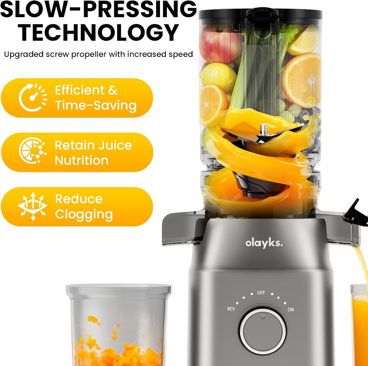 Juicer Machines, High Juice Yield Cold Press Juicer for Fruit and Vegetable, Masticating Machine with Juice Recipe, Self Feeding Effortless for Batch Juicing,Easy to Clean,Grey