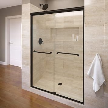 Basco Infinity Semi-Frameless Sliding Shower Door, Fits 43-47 inch Opening, AquaGlideXP Clear Glass, Matte Black Finish