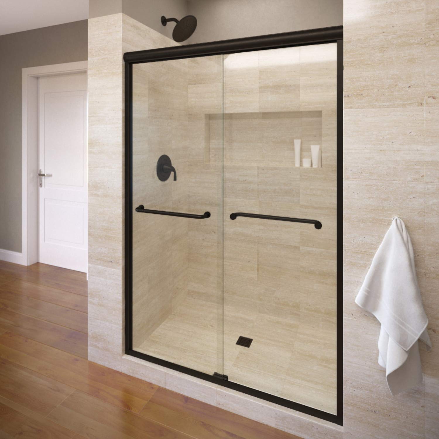 Basco Infinity Semi-Frameless Sliding Shower Door, Fits 43-47 inch Opening, AquaGlideXP Clear Glass, Matte Black Finish