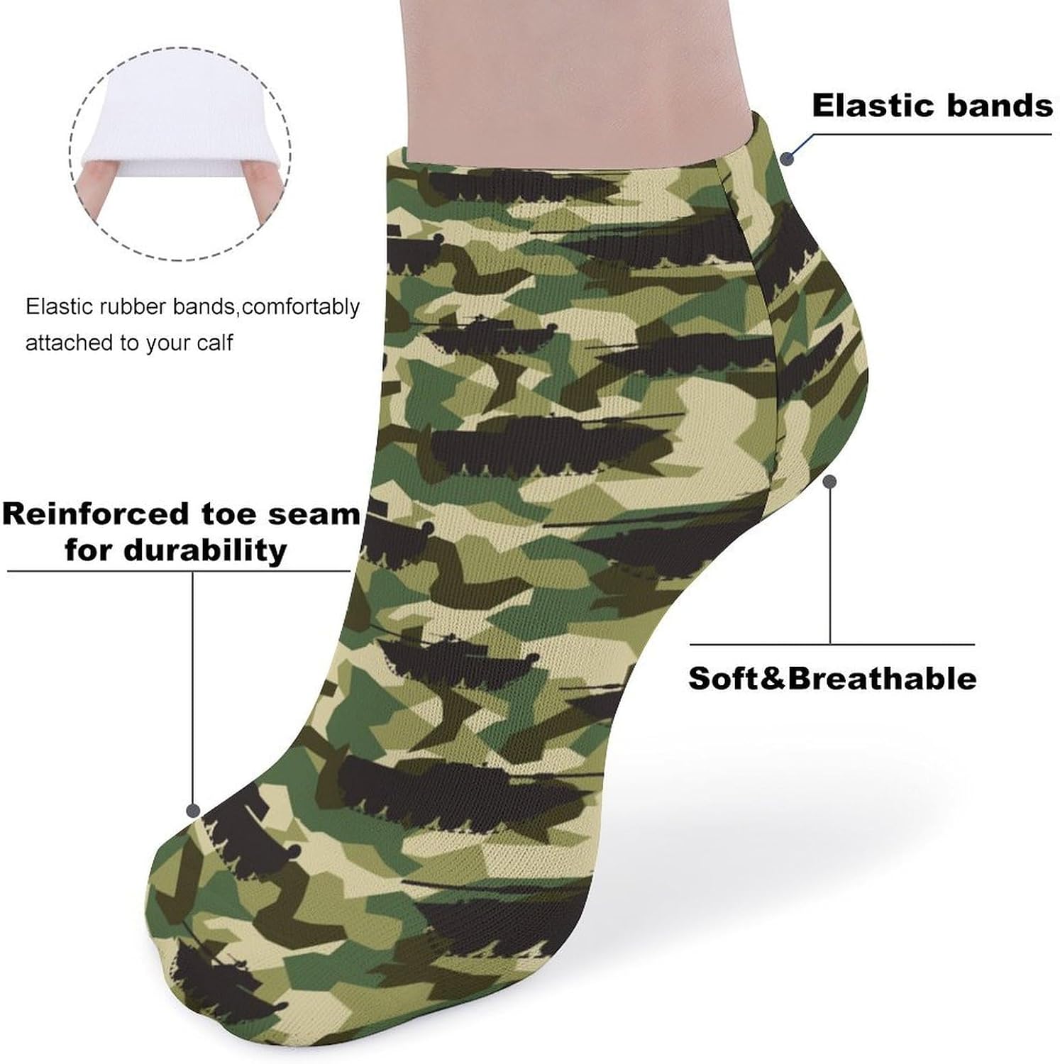 Camouflage Tanks Pattern Ankle Socks for Men Women Low Cut Crew Sock Casual Sports Clothing