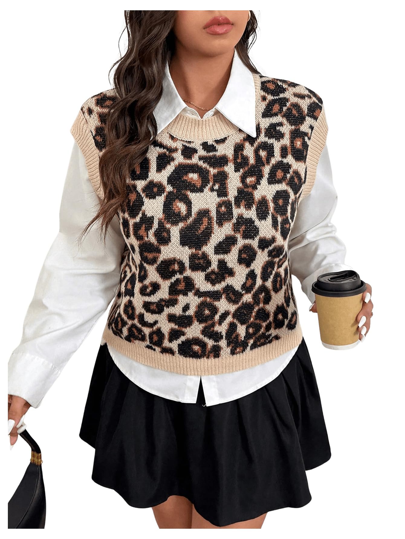 SOLY HUX Womens Plus Size Leopard Sweater Vest Cheetah Print Crew Neck Sleeveless Knit Tops