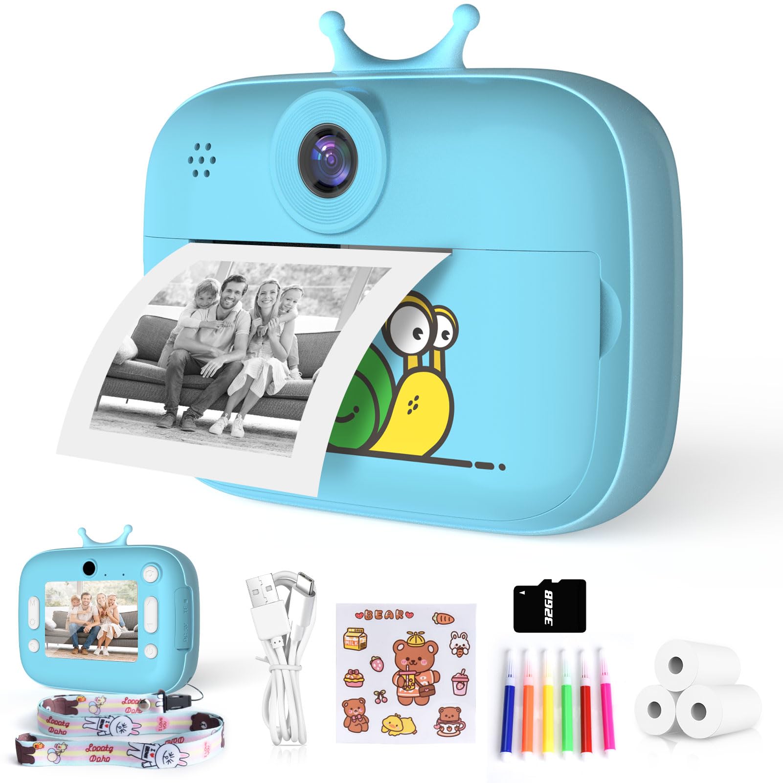 Macchina Fotocamera Istantanea per Bambini, Nauotk 2,4 Pollici Fotocamera Digitale con 32GB TF Scheda, Carta Fotografica per Stampa e Penne Colorate per DIY, Regalo di Natale per Bambini 3-14 anni