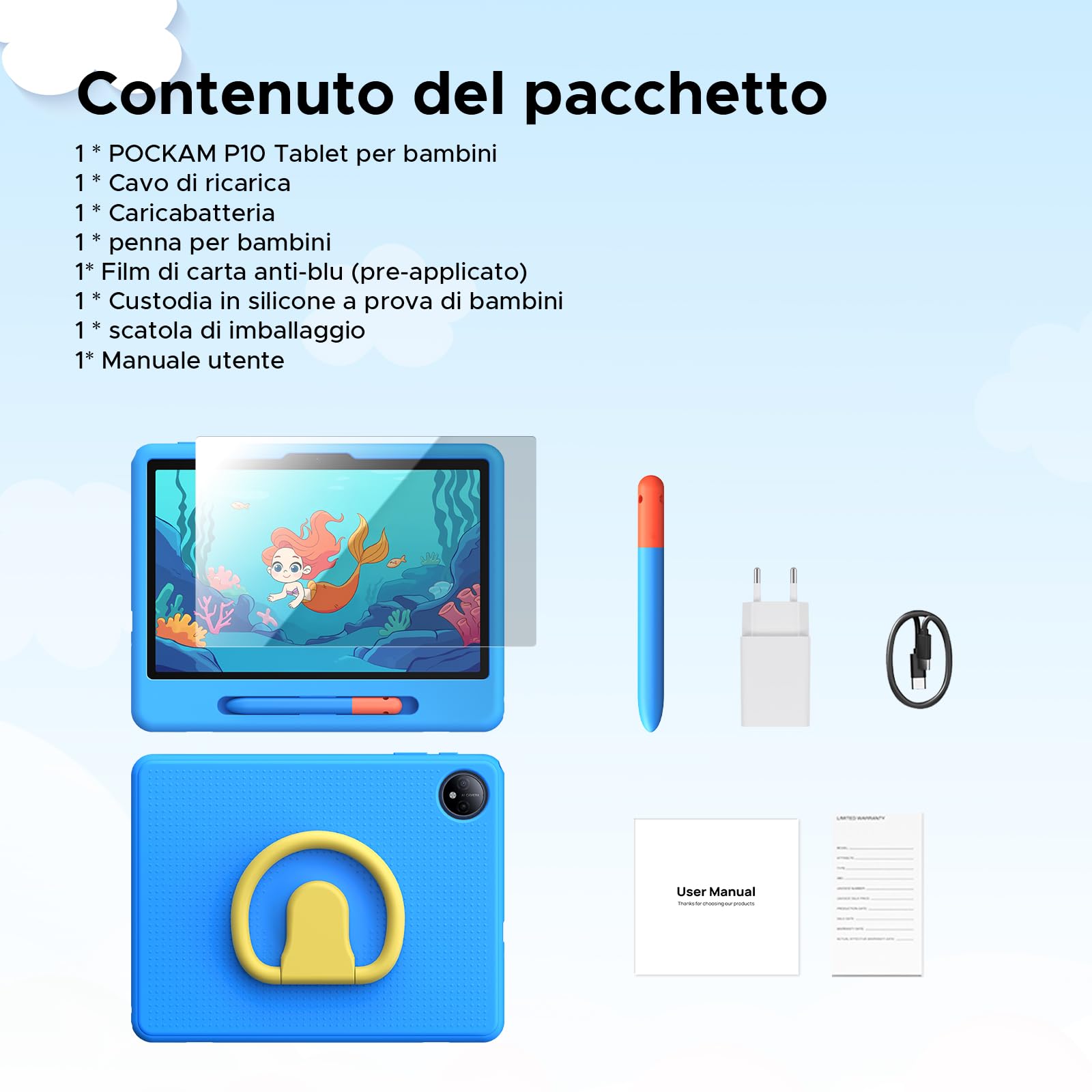 P10 Kid Tablet con Penna Custodia in Silicone, Blu | Tablet 10 Pollici con 32GB RAM+64GB ROM Tablet per Bambini, 90Hz Tablet Android 16 & Gemini AI, 7000mAhT310/5G WiFi/8MP+5MP