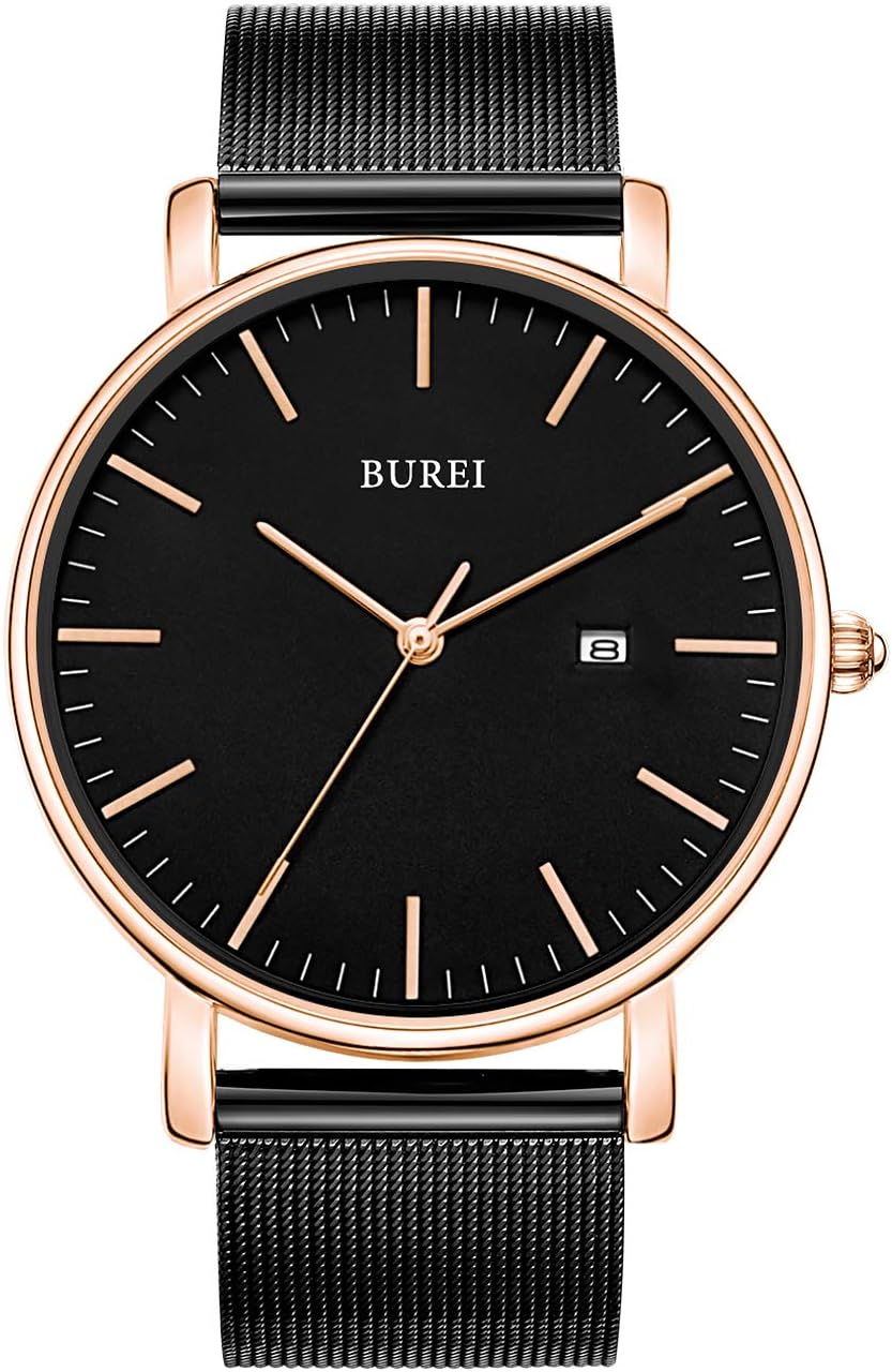 BUREI Men's Fashion Minimalist Wrist Watch Analog Date with Stainless Steel Mesh Band