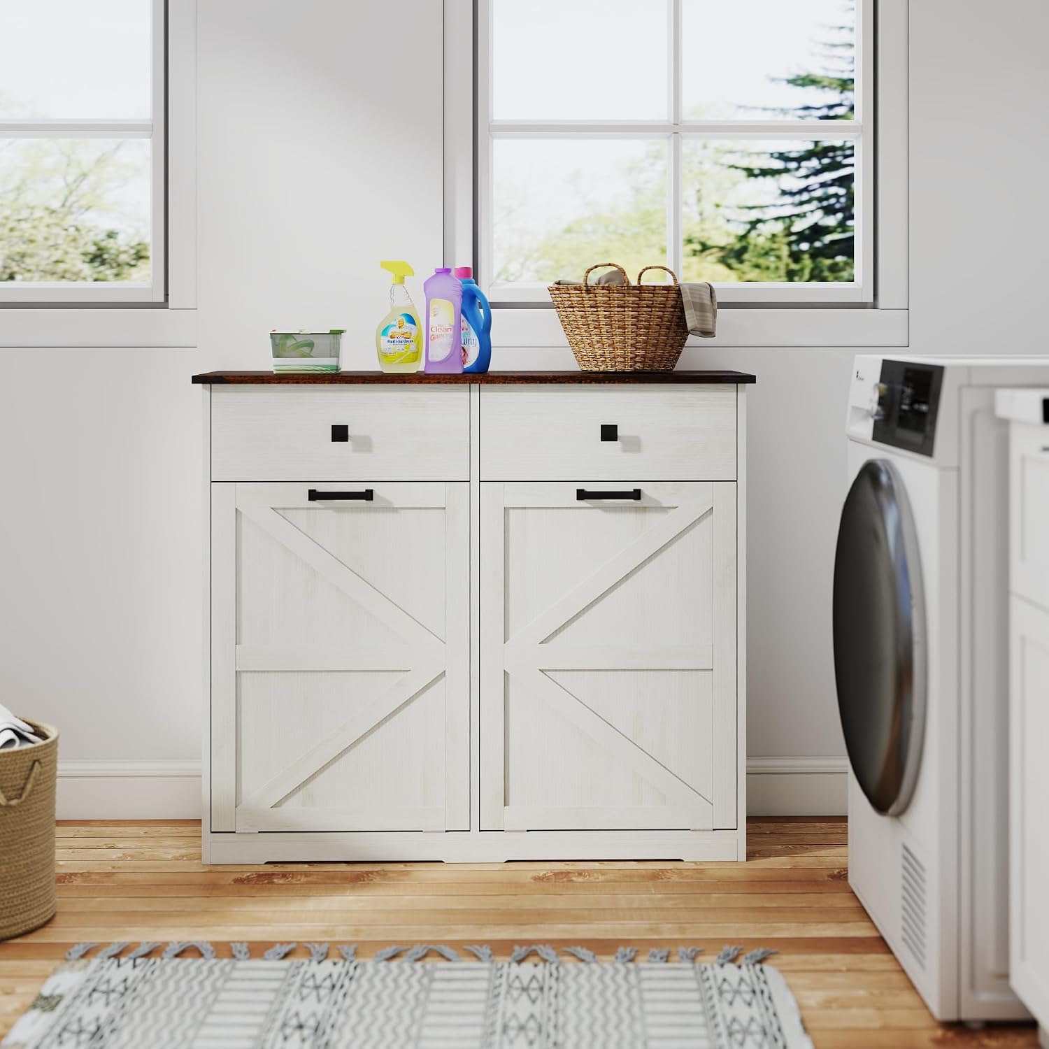 Double Tilt Out Trash Cabinet 20 Gallon Wooden Free Standing - Pet Proof Recycling Bin with Hideaway Drawer for Kitchen, Bathroom, Living Room (White)