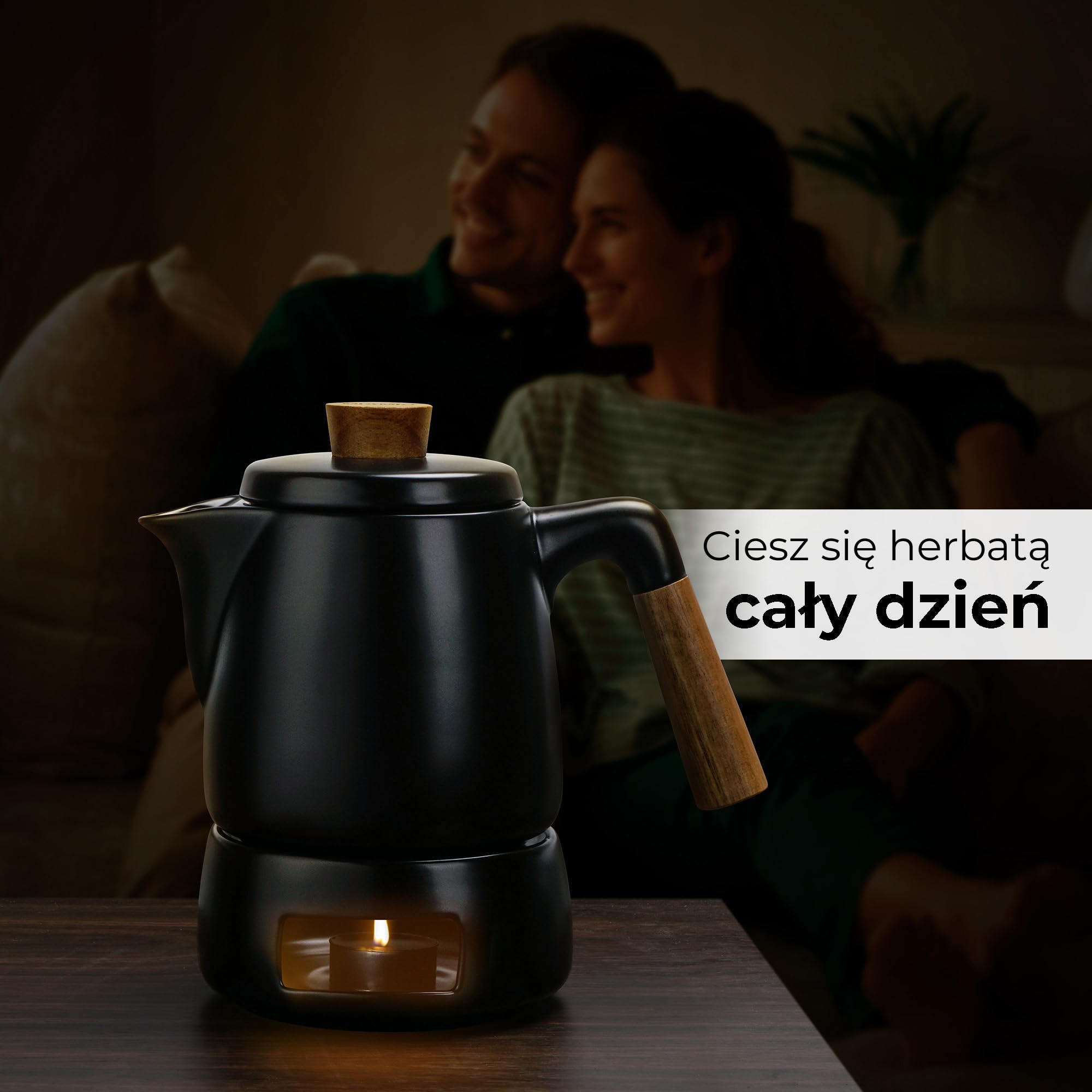MIAMIO - Zestaw Czajników z Podgrzewaczem / 1L / Czajnik do Herbaty 1000 ml z Zaparzaczem do Luźnych Liści - Prezent dla Kobiet/Miłośników Herbaty (Czarny) | Z sitkiem, 1 czajniczek, wykonany z ceramiki