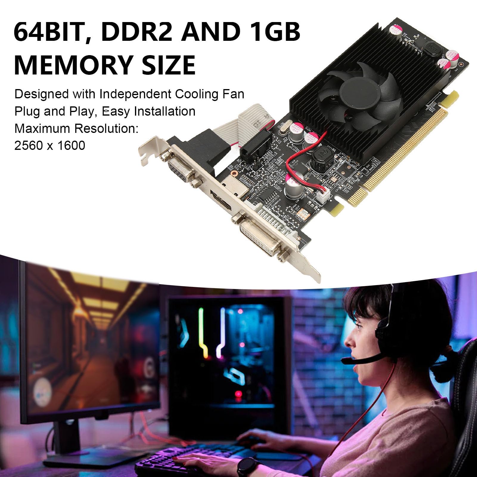 Tarjeta Gráfica para Computadora, 1 GB DDR2 64 bits 589 MHz 800 MHz HDMI DVI VGA PCI Express 2.0 Ranura, Tarjeta Gráfica para Juegos para 10 11 para Vista para Linux ( 1