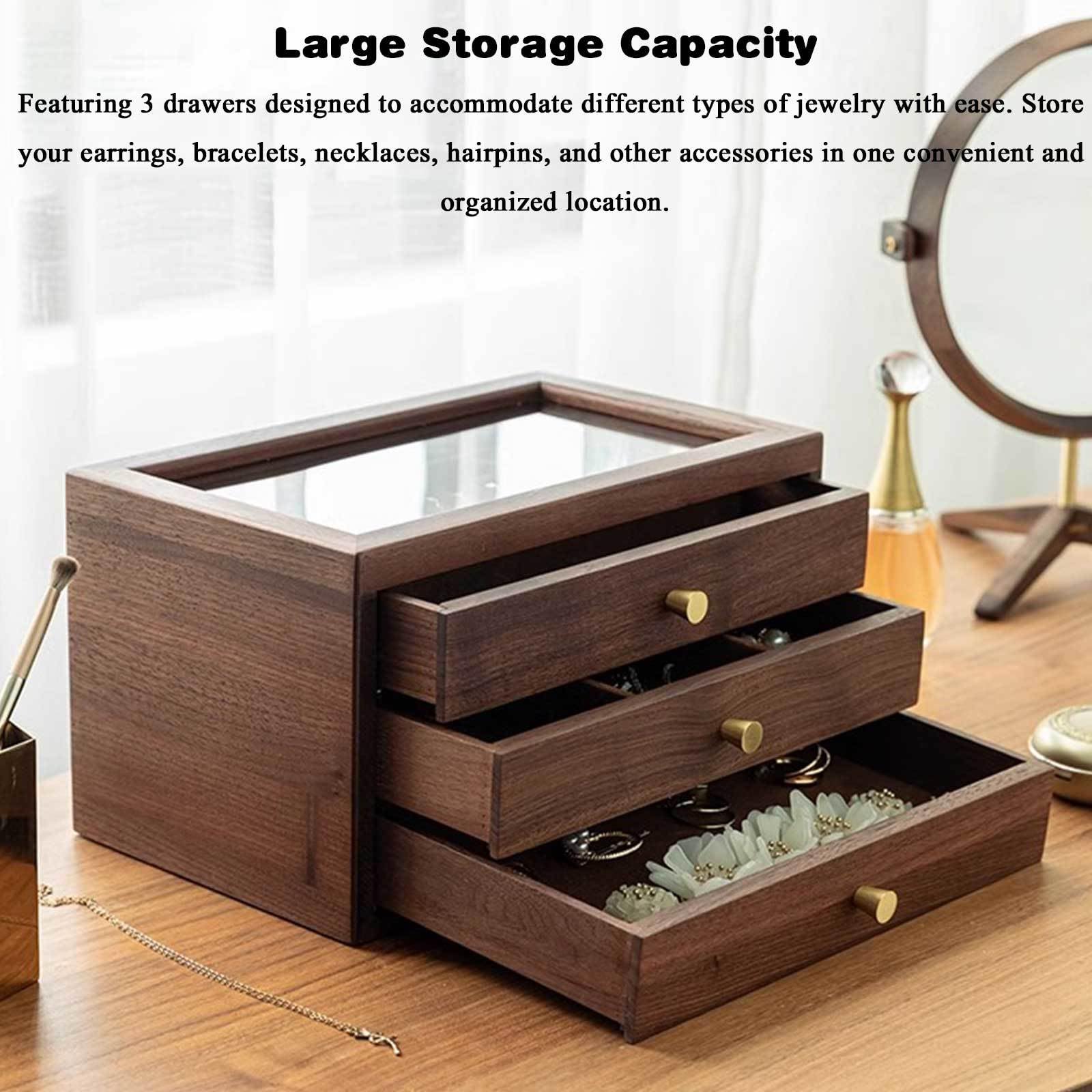 Pudełko na biżuterię, Wooden Jewelry Box With Glass Lid Organizer Drawers Multi-Compartment 3-Layer Walnut Color