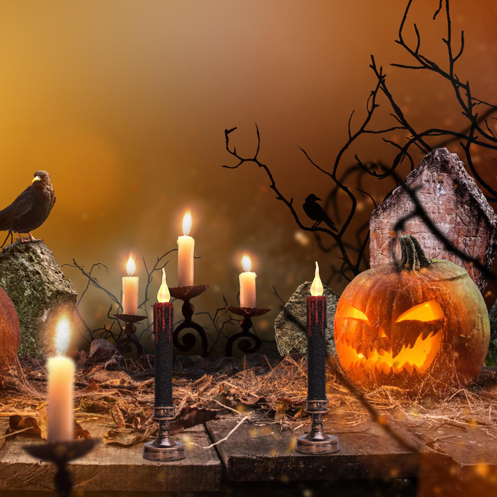 Bougies LED Halloween Saignantes - 2 Pièces, 24.5 Cm, Effet Flamme Vacillante, Piles AAA