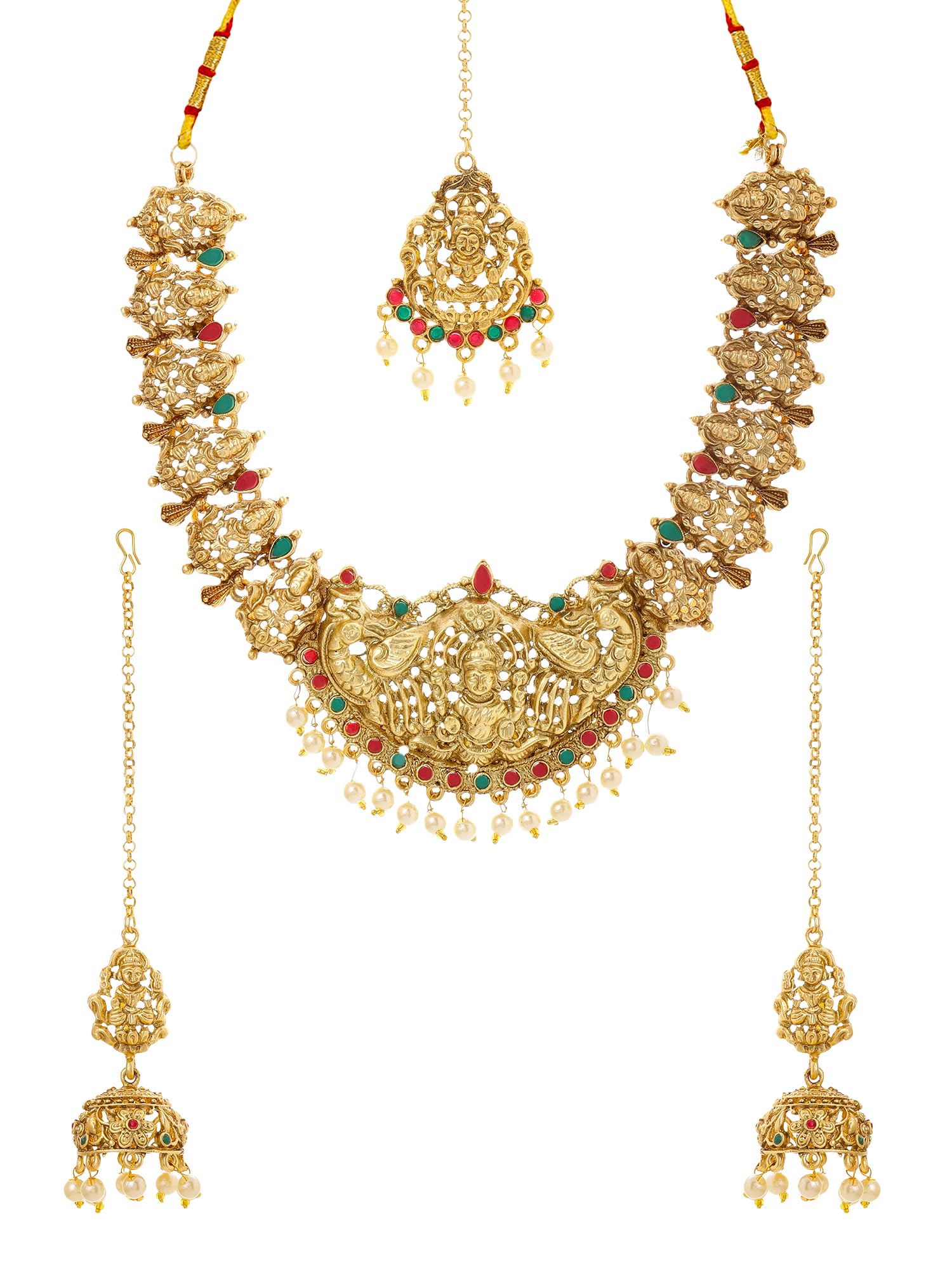 Yellow Chimes Jewellery Set for Women Gold Plated Traditional Temple Jewelry Set Antique Necklace Set with Earrings and Maangtikka for Women and Girls