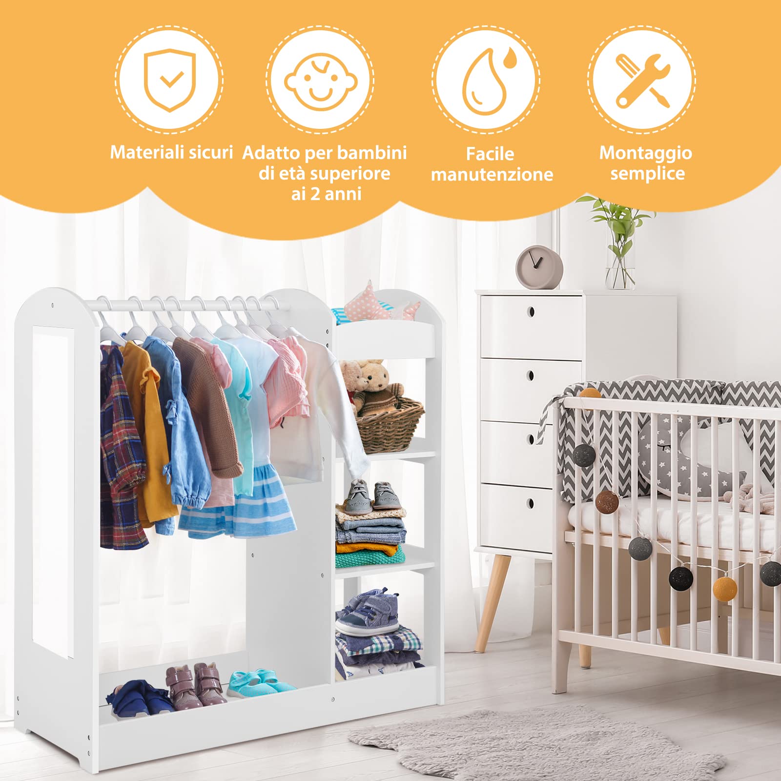 COSTWAY Guardaroba per Bambini in Legno, Mobile per Bambini con Specchio, Appendiabiti e Mensole, Armadio di Stoccaggio per Cameratta dei Bambini, 93,5 x 38 x 100 cm (Bianco)