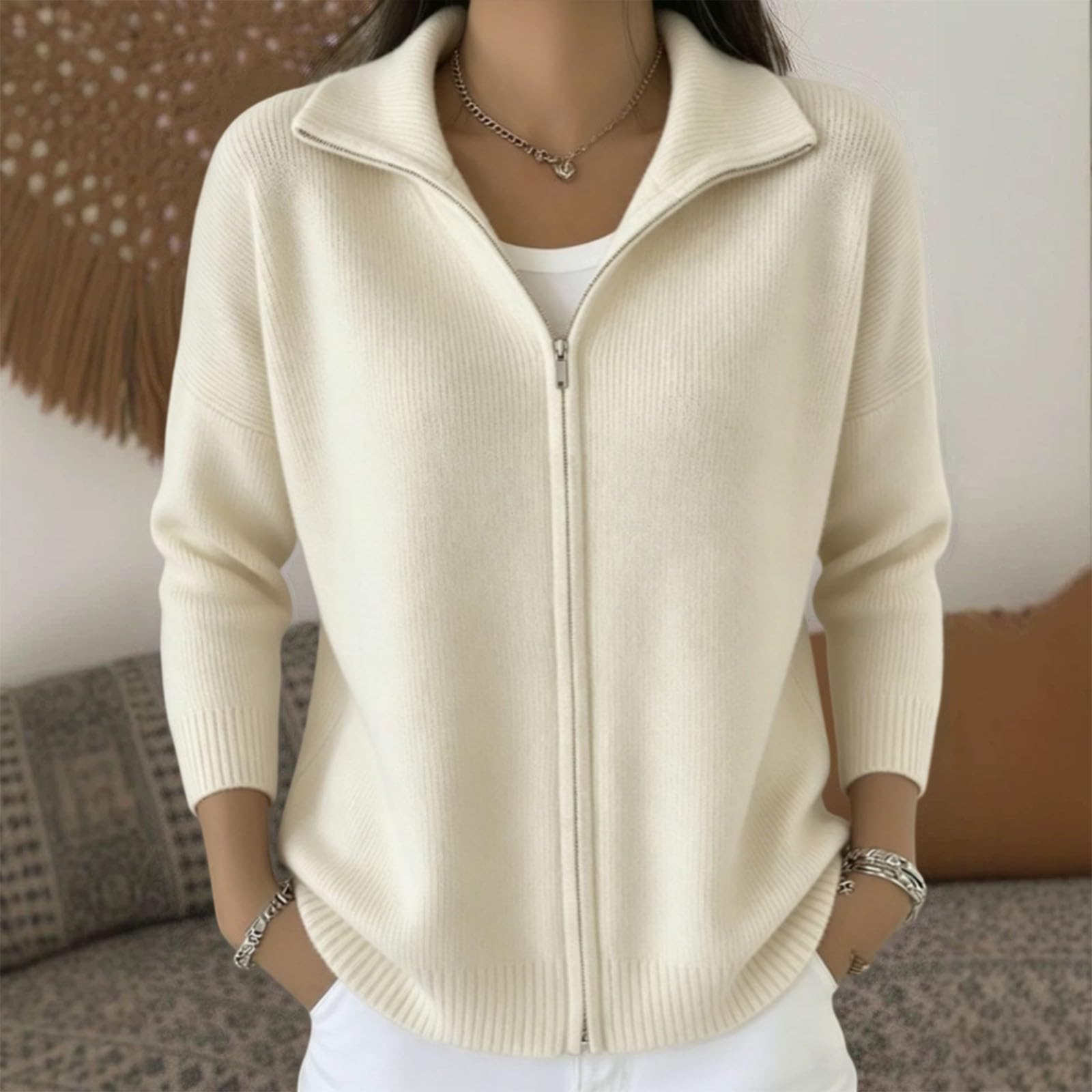 Generico Cárdigan Mujer Camiseta con Cremallera Cuello Coreano Manga Larga | Chaqueta de punto liso Ropa Primavera Otoño Estilo Casual Suéter Elegante Ajuste Cómodo