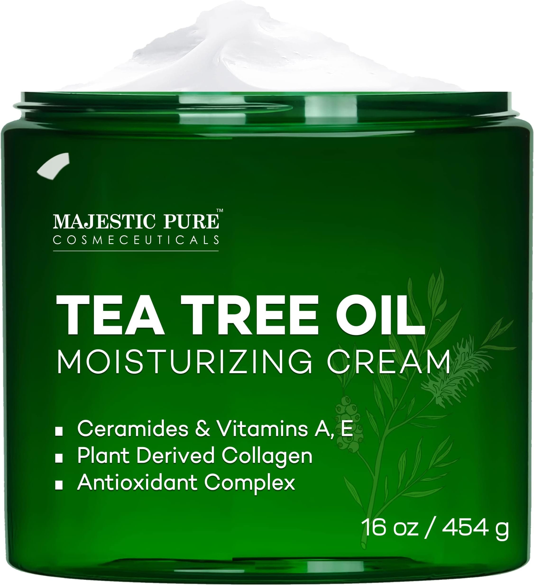 Majestic Pure Tea Tree Oil Moisturizing Cream - Body, Foot & Face Moisturizer - With Ceramides, Vitamins A E & Vegan Collagen - For Dry Skin, Oily Skin, & Appearance Of Wrinkles - 16 oz