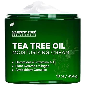 Majestic Pure Tea Tree Oil Moisturizing Cream - Body, Foot & Face Moisturizer - With Ceramides, Vitamins A E & Vegan Collagen - For Dry Skin, Oily Skin, Appearance Of Wrinkles - 16 oz