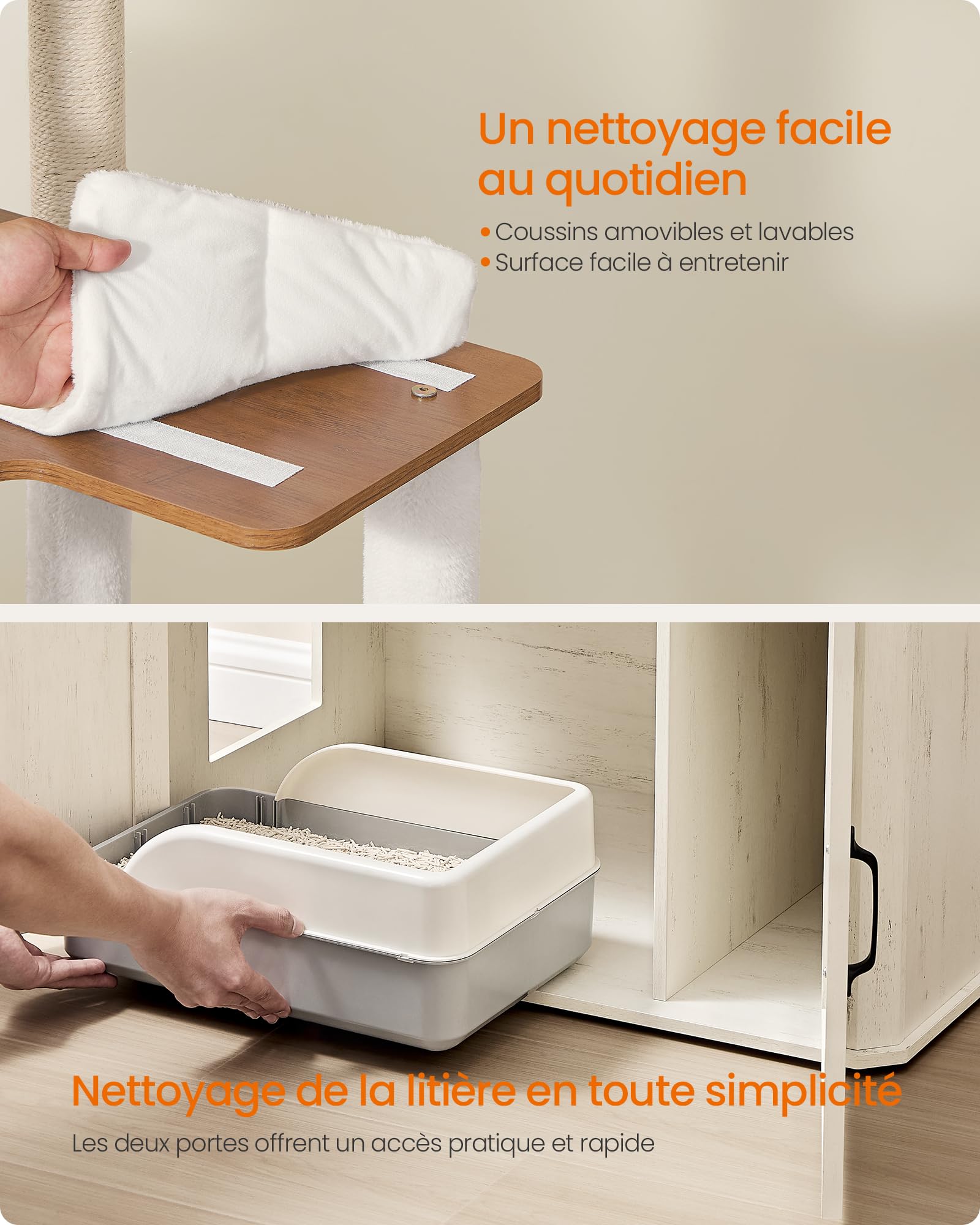 Feandrea Arbre à Chat de 170 cm, avec Cache-Litière, Niche, Station d’Alimentation, Rangement, Poteaux à Griffer, Hamac, Coussins Lavables, Marron Miel et Blanc Rustique PCT169W201