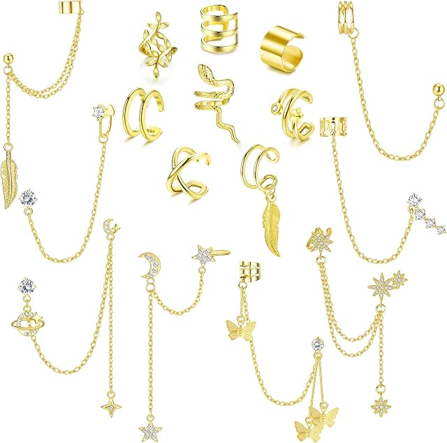 MILACOLATO 16 Pcs Ear Cuff Earrings for Women Cuff Chain Earring Clip On Helix Cartilage Wrap Cuff Earring Non Pierced Adjustable