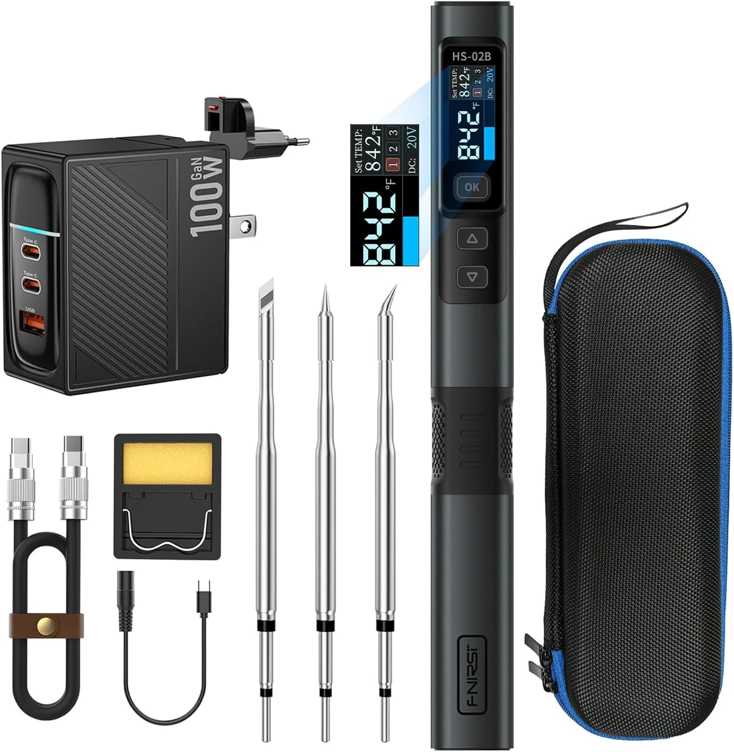 FNRSI Soldering Iron Kit 100W with 3 Soldering Tips, Upgraded HS-02B Smart Digital Soldering Iron Pen Tool, 2S Fast Heating, 212-842?, Pre-set 3 Groups Temperature for Electronics Precision Repair