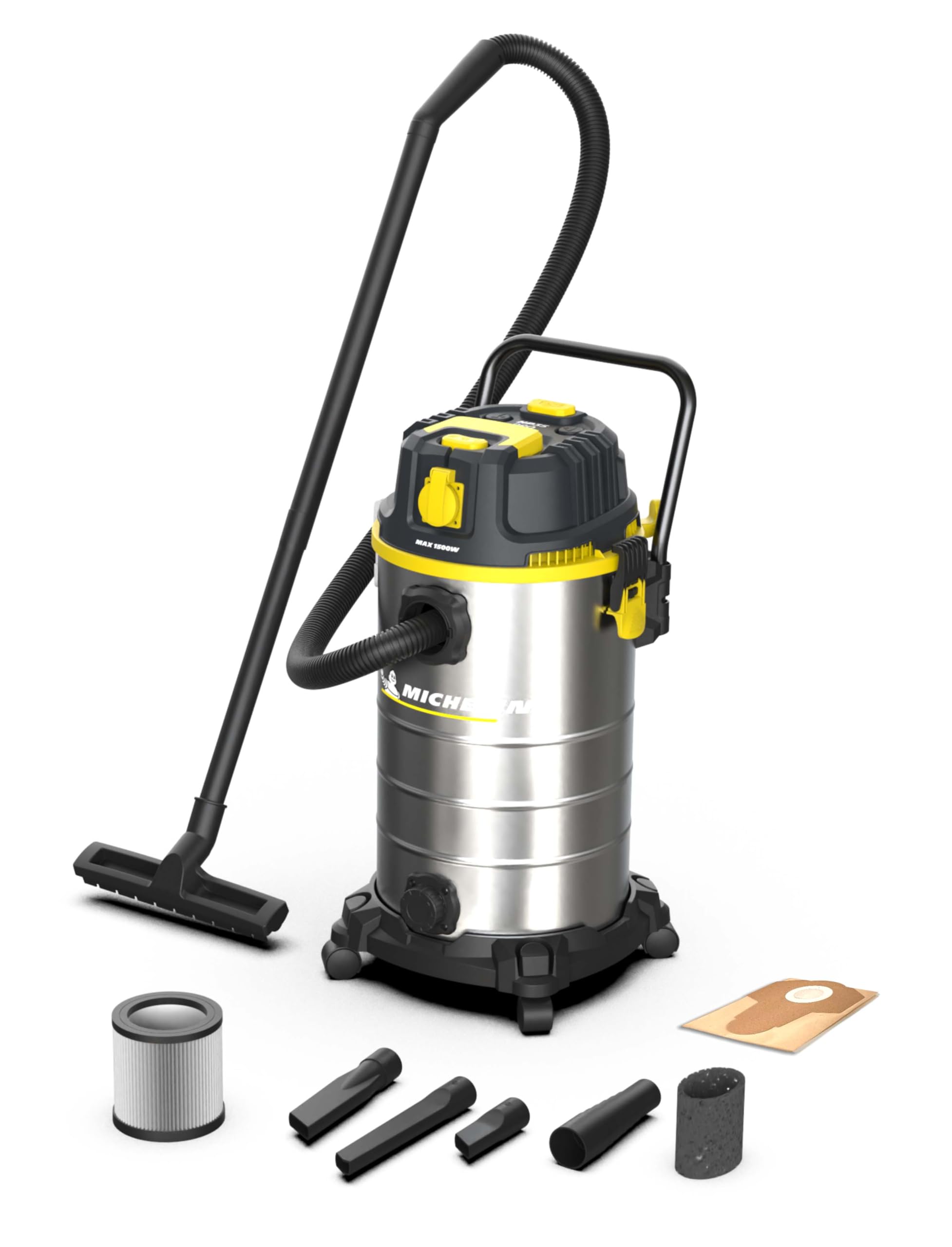 MICHELIN, Aspiratore Solidi e Liquidi, HP35 PRO, Serbatoio in Acciaio da 35 L con Manico Ergonomico, con Presa Elettroutensili, 1400 W, Completo di Accessori, Funzione di Soffiaggio, 21 kPa