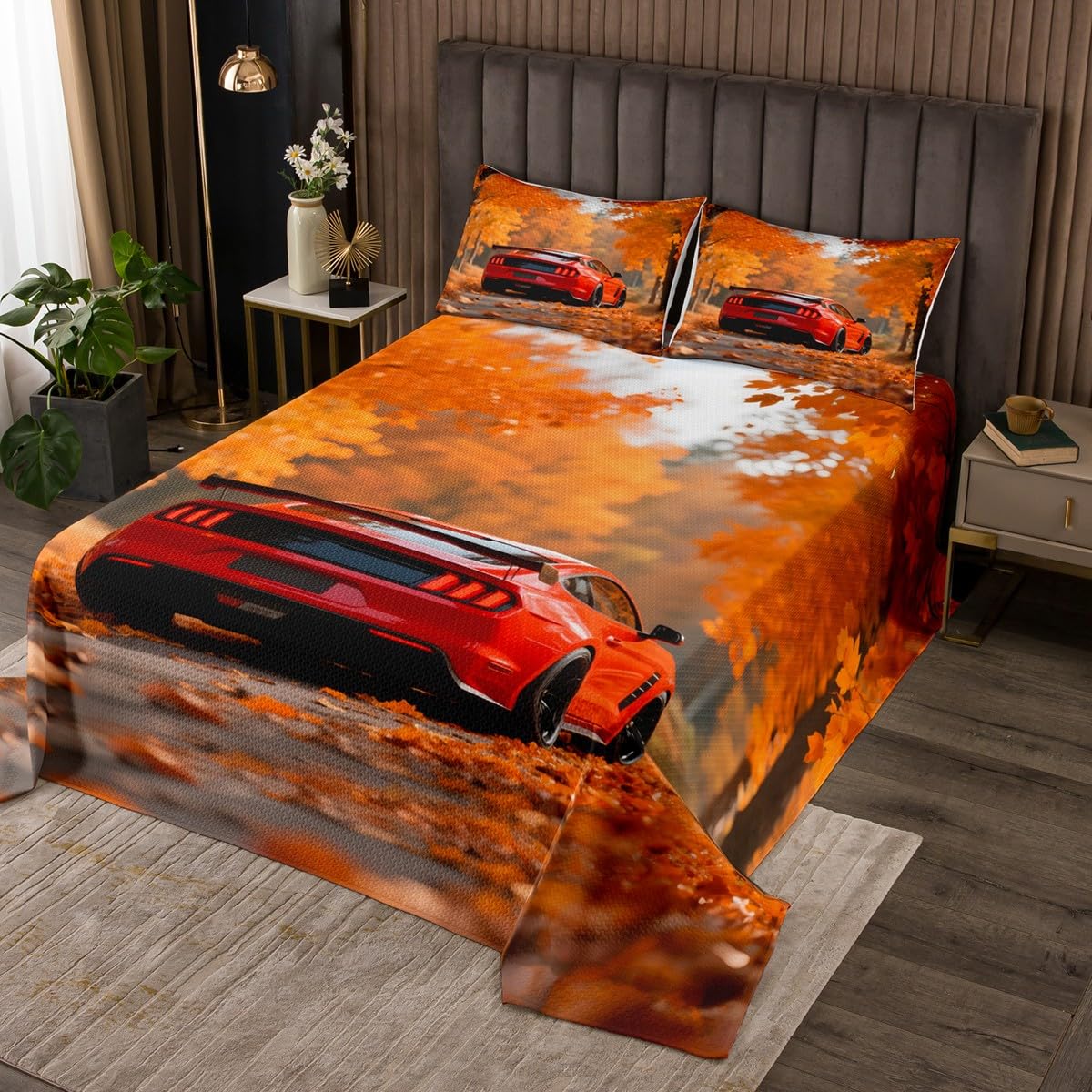 Homemissing Juego de colcha de coche de carreras rojo, tamaño doble, para niños, niñas, adolescentes, deportes de velocidad, juego de colcha con 2 fundas de almohada
