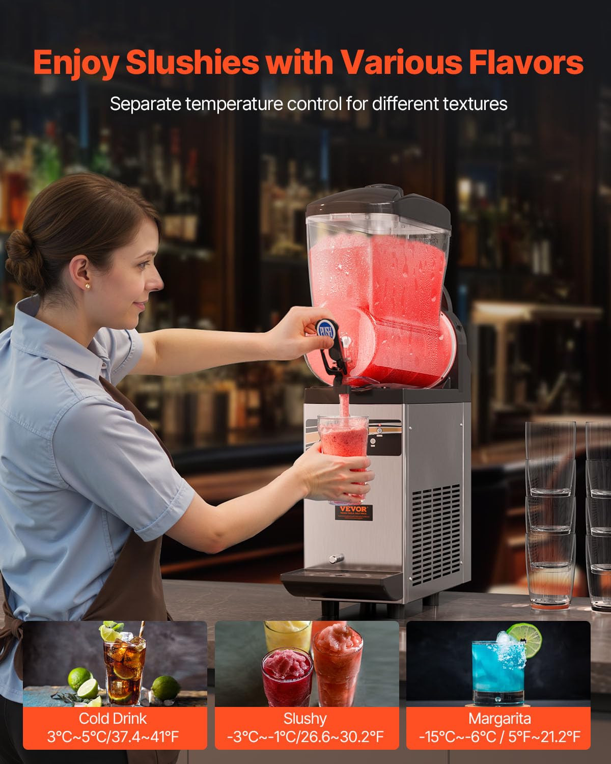 VEVOR - Máquina comercial de margarita, máquina comercial de granizado de un solo tanque de 15 l, 60 tazas de acero inoxidable para batidos de margarita, máquina de bebidas congeladas, máquina de