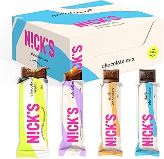 NICKS Schokolade Keto Riegel, Chocolate Mix box mit Schokoriegel ohne Zuckerzusatz, Glutenfrei, Low carb Süßigkeiten Palmölfrei (Probierpaket mit 12 Snacks bars)