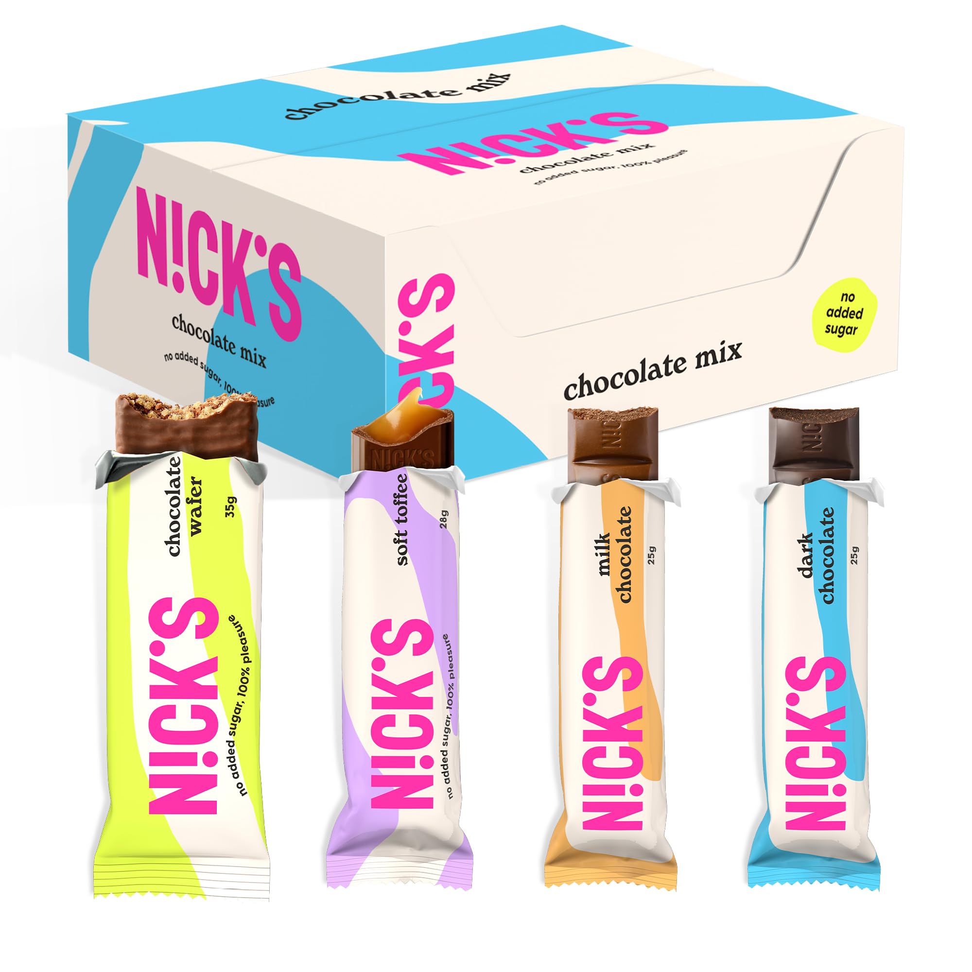 NICKS Chocolate Mix Box, Keto Snack Bars No Added Sugar Gluten Free Candy Low carb Sweets (12 x Chocolates)