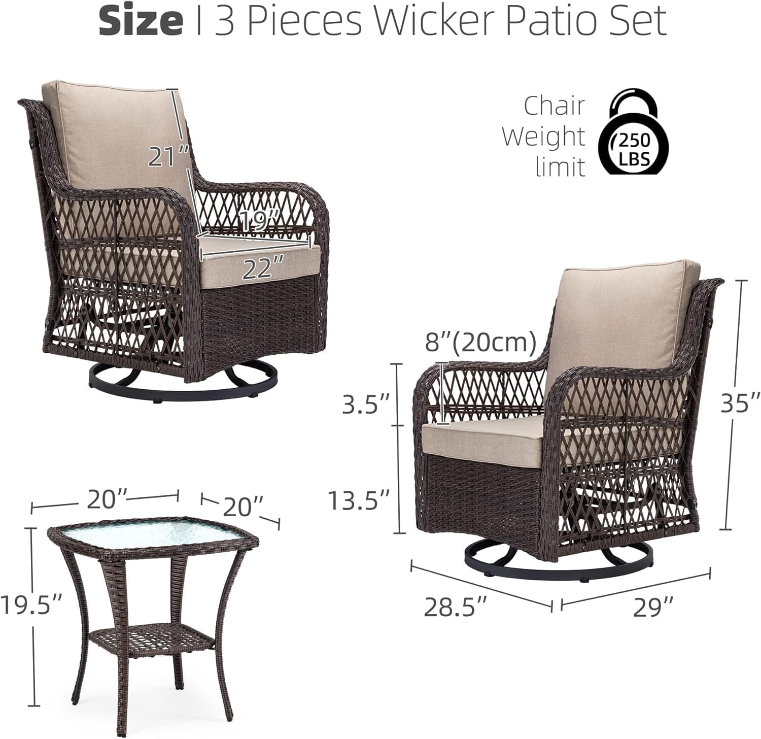 3 Pieces Rattan Swivel Rocking Chair Outdoor, 360 Degree Swivel Patio Bistro Conversation Furniture Set with Premium Cushions and Armored Glass Top Side Table for Garden, Backyard and Balcony （Beige）