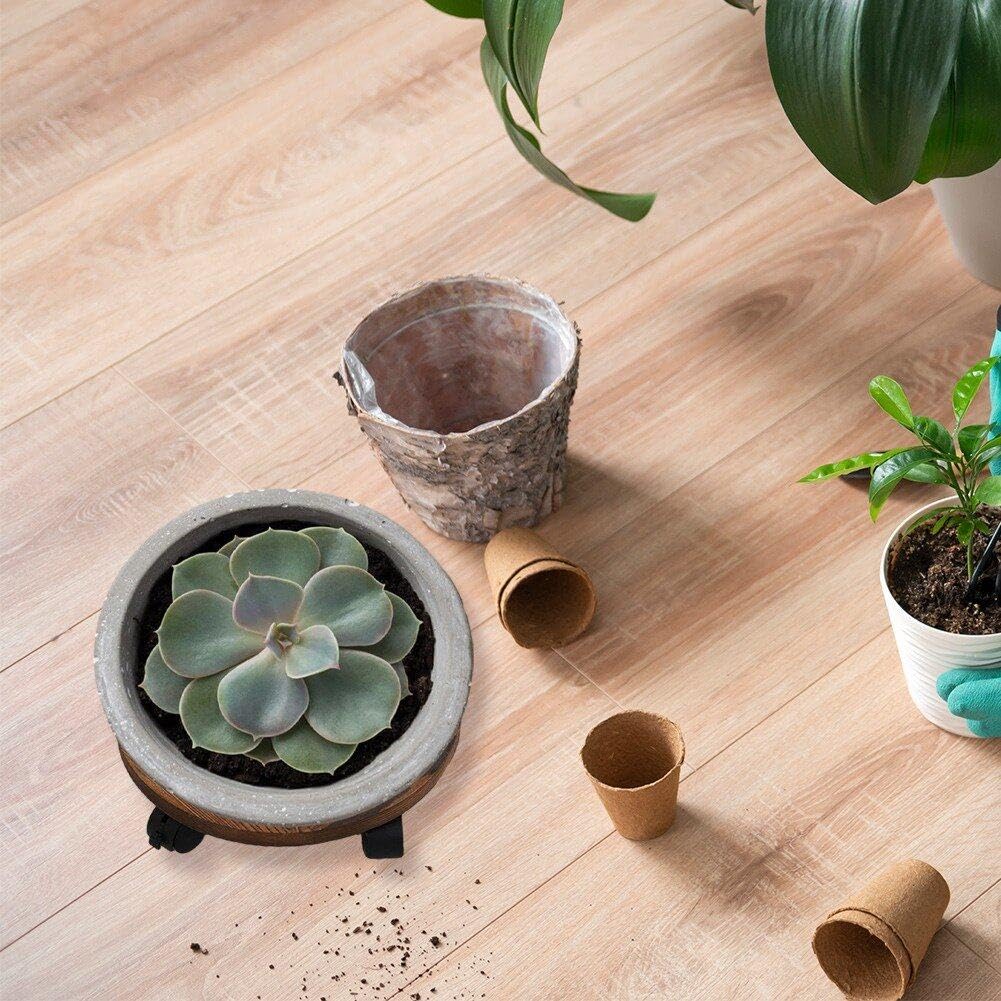 Wudaizhi 30 cm rollende houten plantenbak caddy potplantenstandaard met wielen ronde bloempot rek binnen buiten plantenbak trolley met 360 ° draaibare wielen rollende lade onderzetter tuinpot dolly