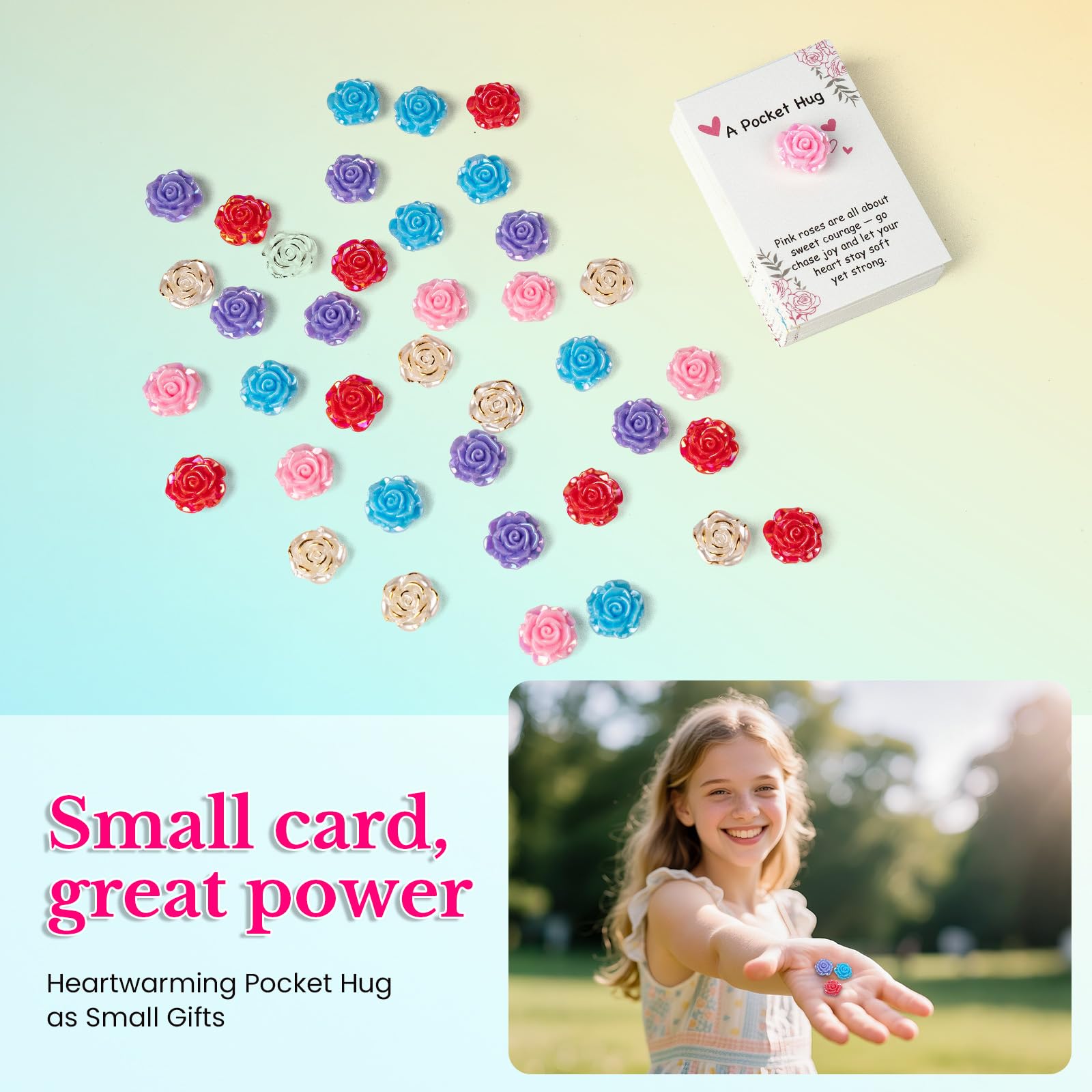 40 Sets Pocket Hug Bulk with Mini Flower, Pocket Hug Tokens with Inspirational Quotes, Encouragement Support Small Gifts for Friends Coworkers Family Long Distance Relationship Keepsake