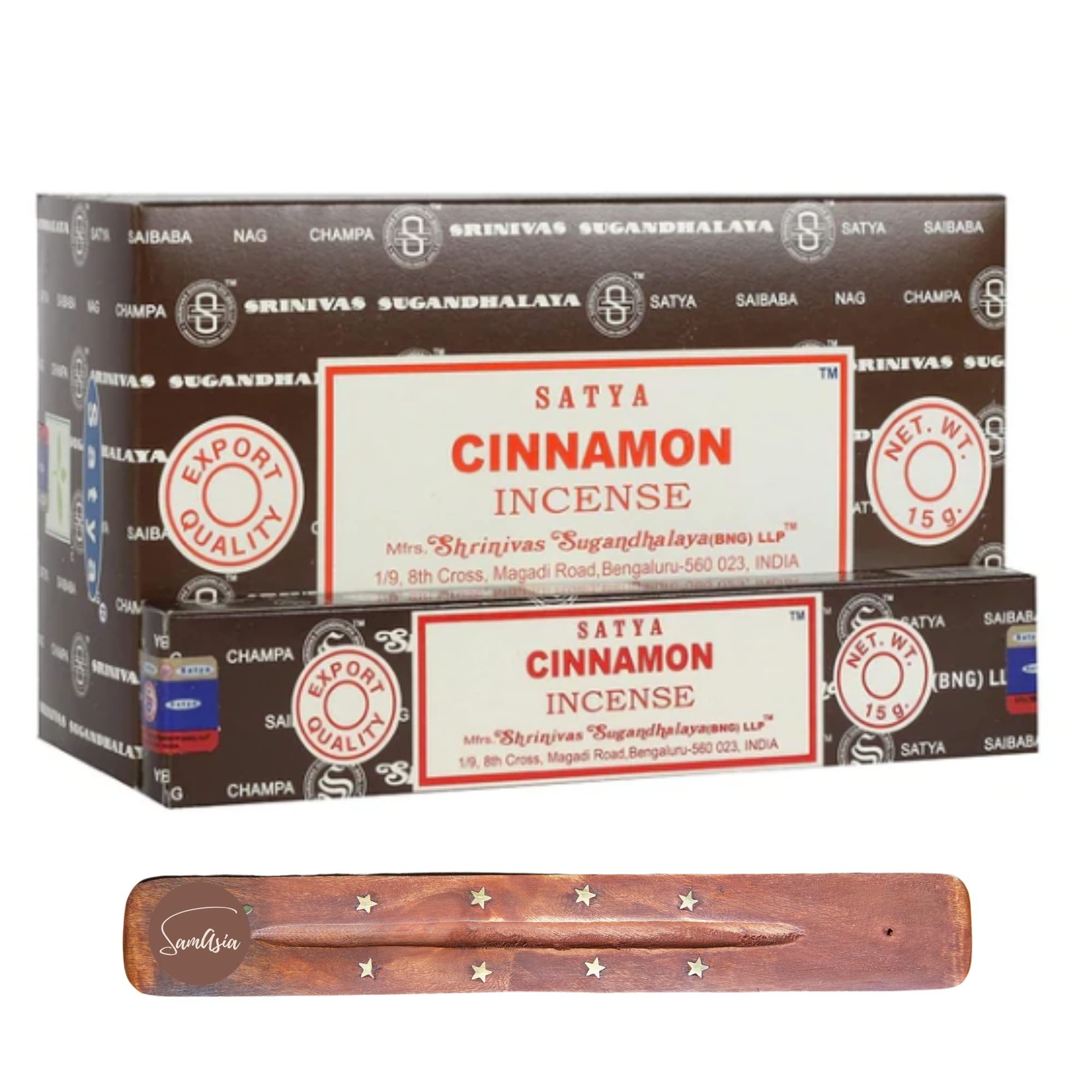 Satya Nag Champa Cinnamon Incense Sticks | x12 pack | with SAMASIA incense sticks holder | Used for Ciomatherapy, Spa, Yoga, Weddings, Meditation, Healing, Positivity and Relaxation