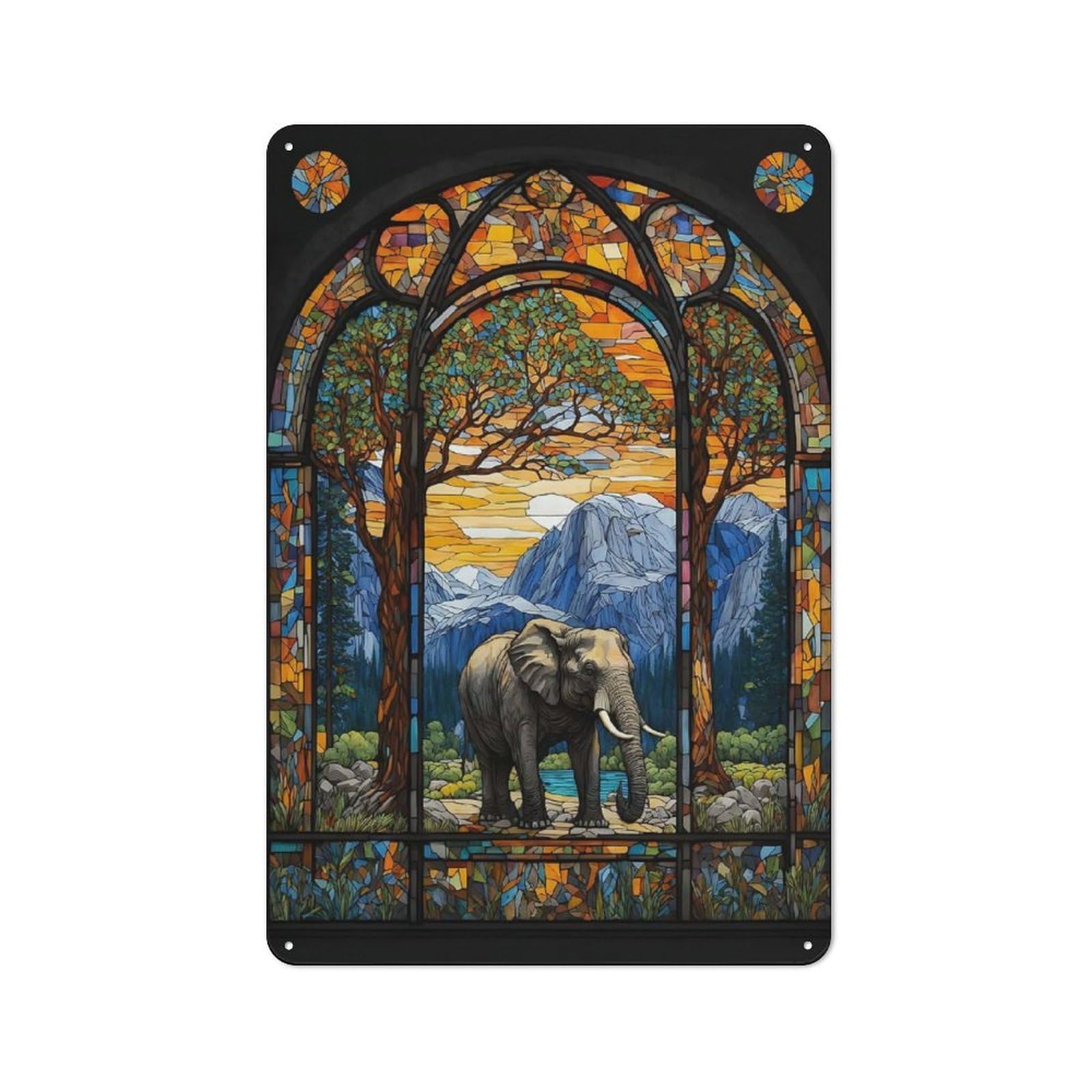 Junmoney Elephant Stained Glass 2 Retro-Style Tin Sign 30X20cm For Living Room Or Hallway, For Home Wall Decor Collectors Refreshing A Room In Autumn