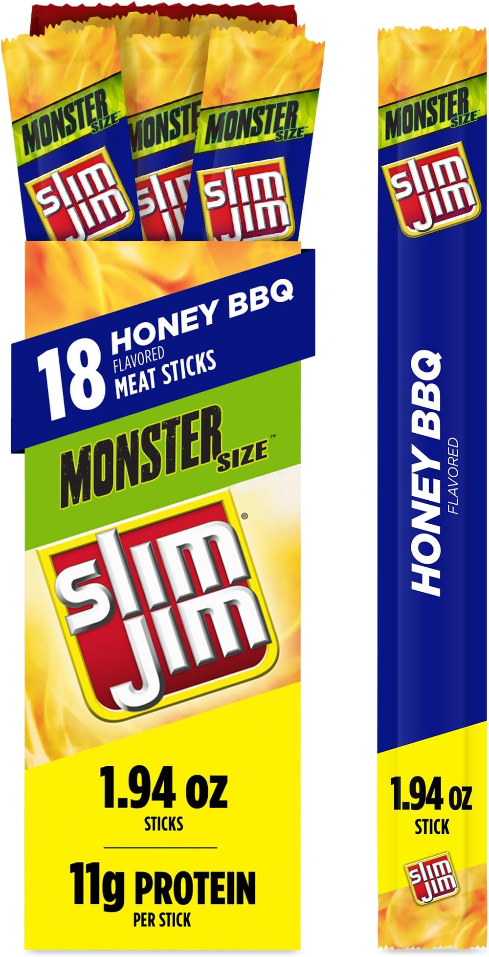 Monster Smoked Meat Sticks, Honey BBQ Flavor, High Protein, 1.94 oz. (18 Count)