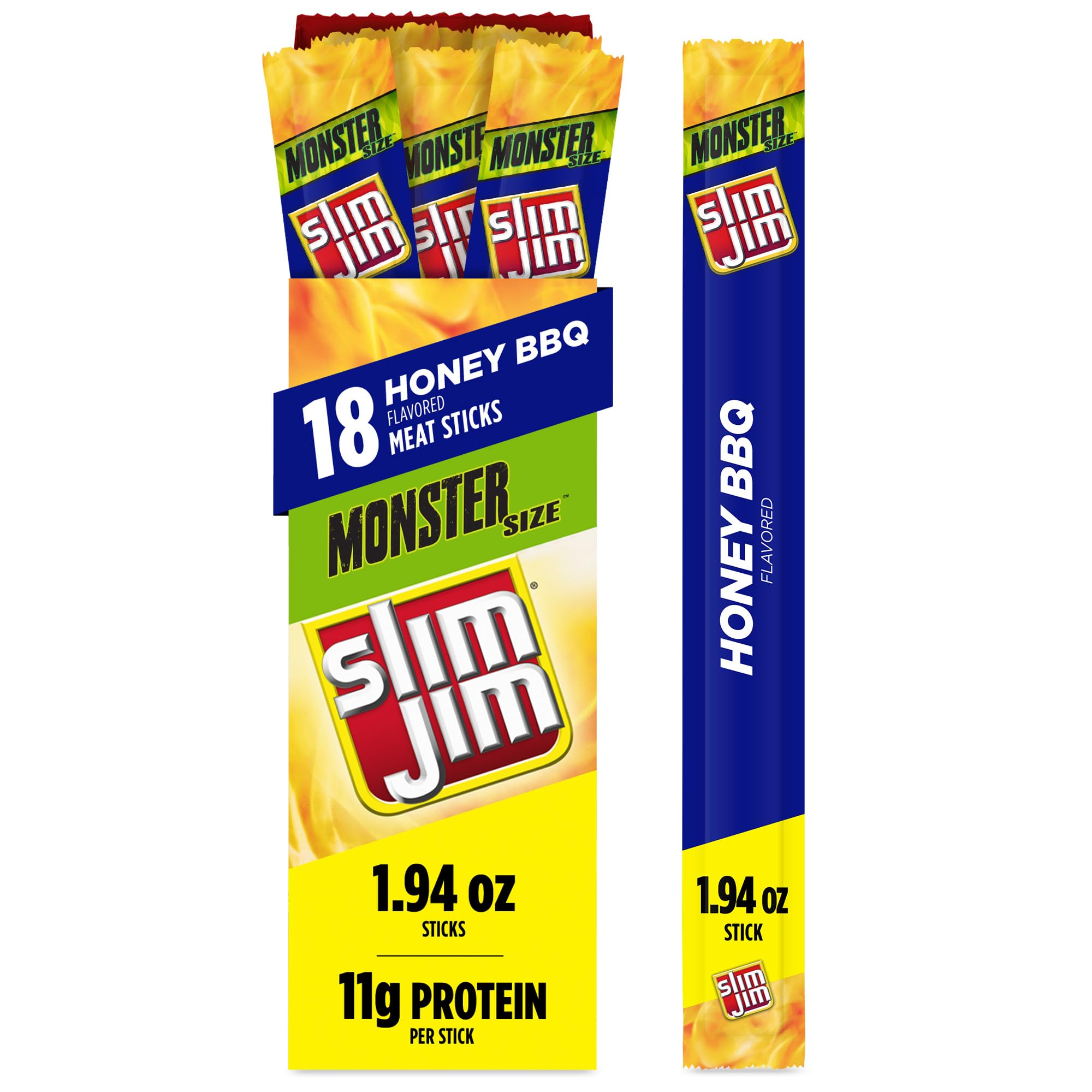 Slim Jim Monster Smoked Meat Sticks, Honey BBQ Flavor, High Protein, Stocking Stuffer, 1.94 oz. (18 Count)