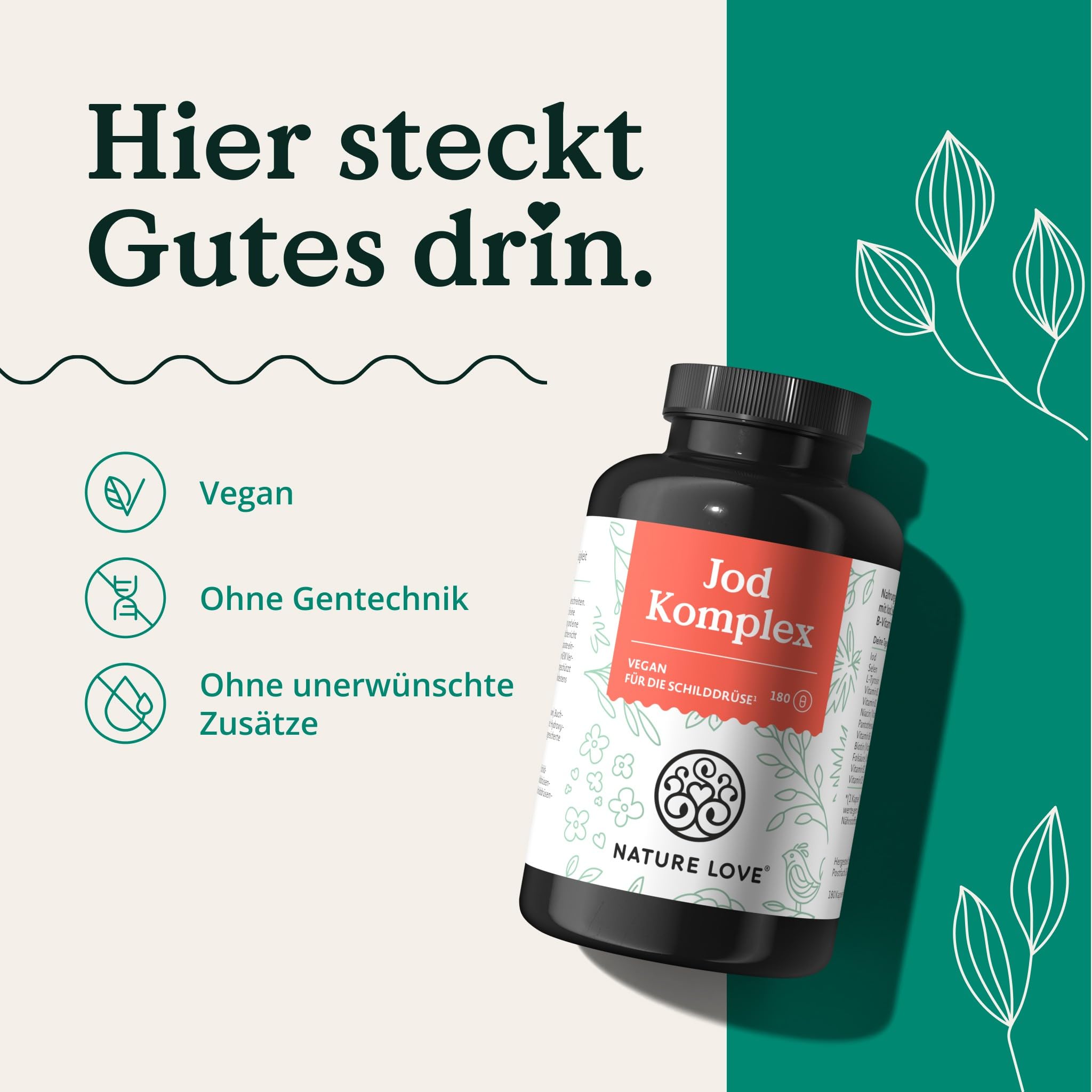 NATURE LOVE® Jod Komplex für die Schilddrüse - 180 Kapseln - mit Jod, Selen, L-Tyrosin, Vitamin B & D - Alternative zu Jod Tabletten - 6 Monate Reichweite - hochdosiert, vegan & laborgeprüft