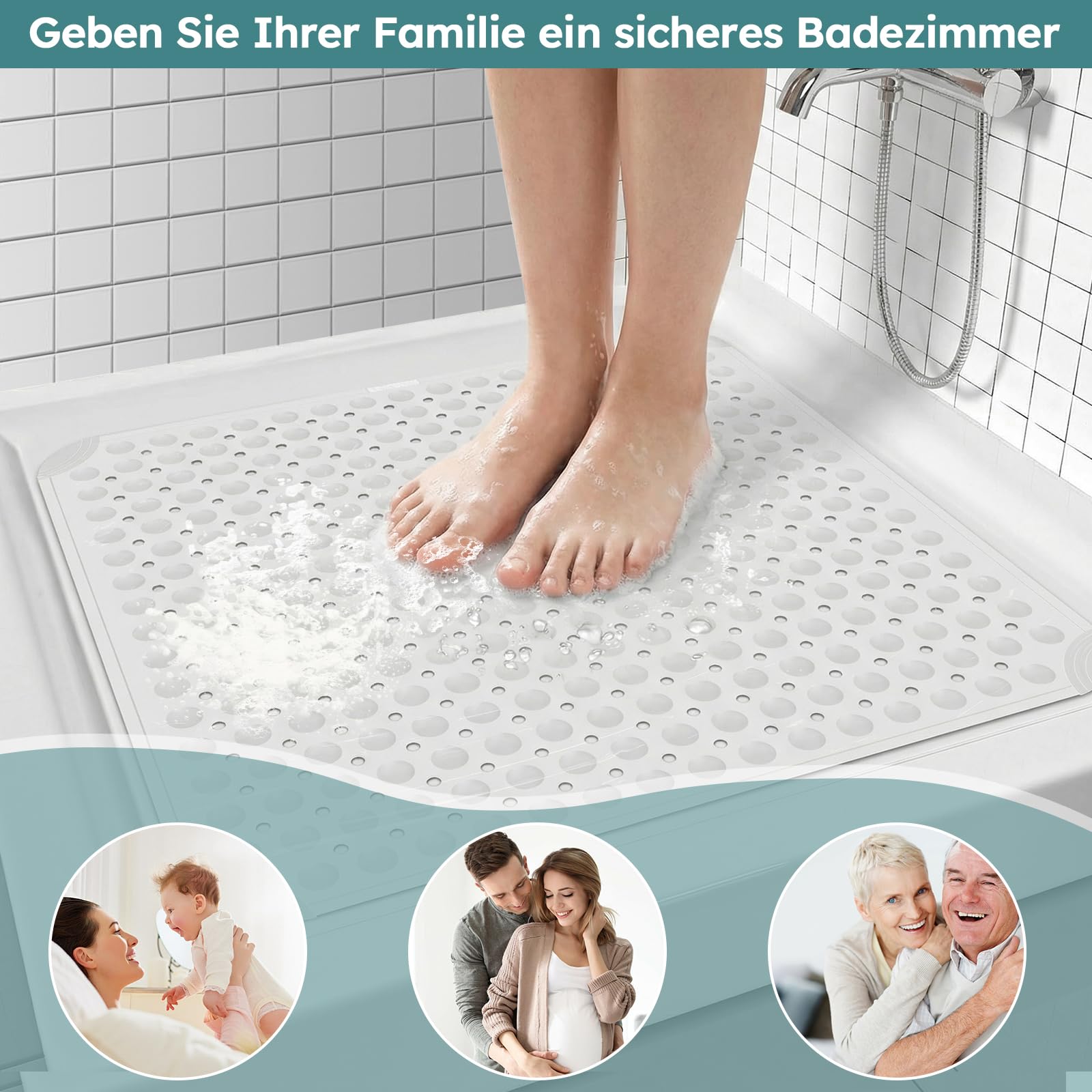 Tappetino Doccia Antiscivolo 80x80cm, Morbido Inserto Doccia in TPE Con Fori di Drenaggio e Ventose, Lavabile in Lavatrice, per Sale Massaggi, Docce, Vasca Bagno