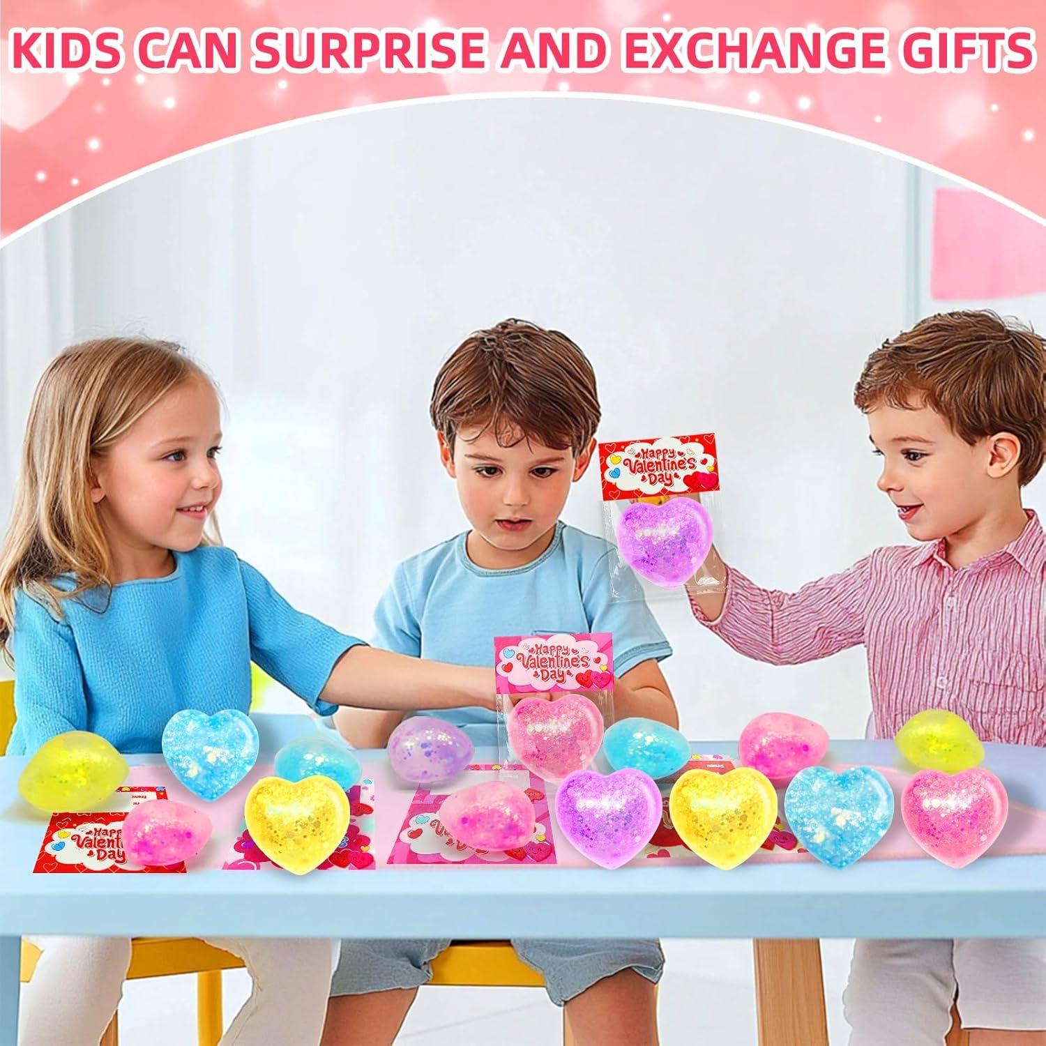 28 Pack Valentines Day Gifts for Kids with Heart Glitter Stress Balls Valentines Day Cards for Kids School Stress Relief Squeeze Toys for Teens Boys Girls Valentine Classroom Exchange Party Favors