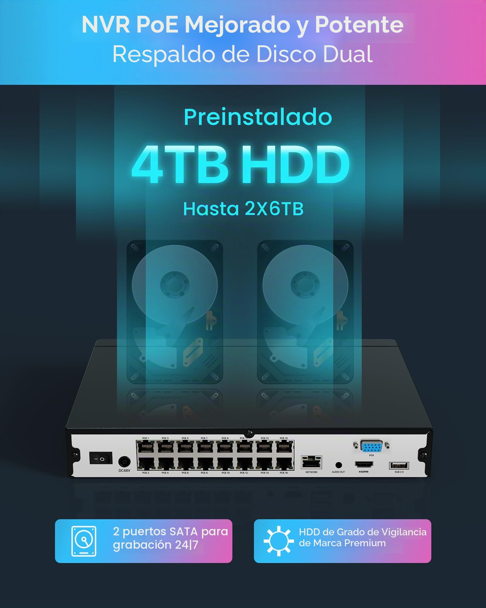 ZOSI 4K Kit Cámaras Vigilancia PoE 8MP 16CH Grabador NVR(Ampliable a 32CH) 4TB Disco Duro con 8X Cámara Seguridad Exterior, Visión Nocturna Color, Detección de Persona/Vehículo, Audio Bidireccional