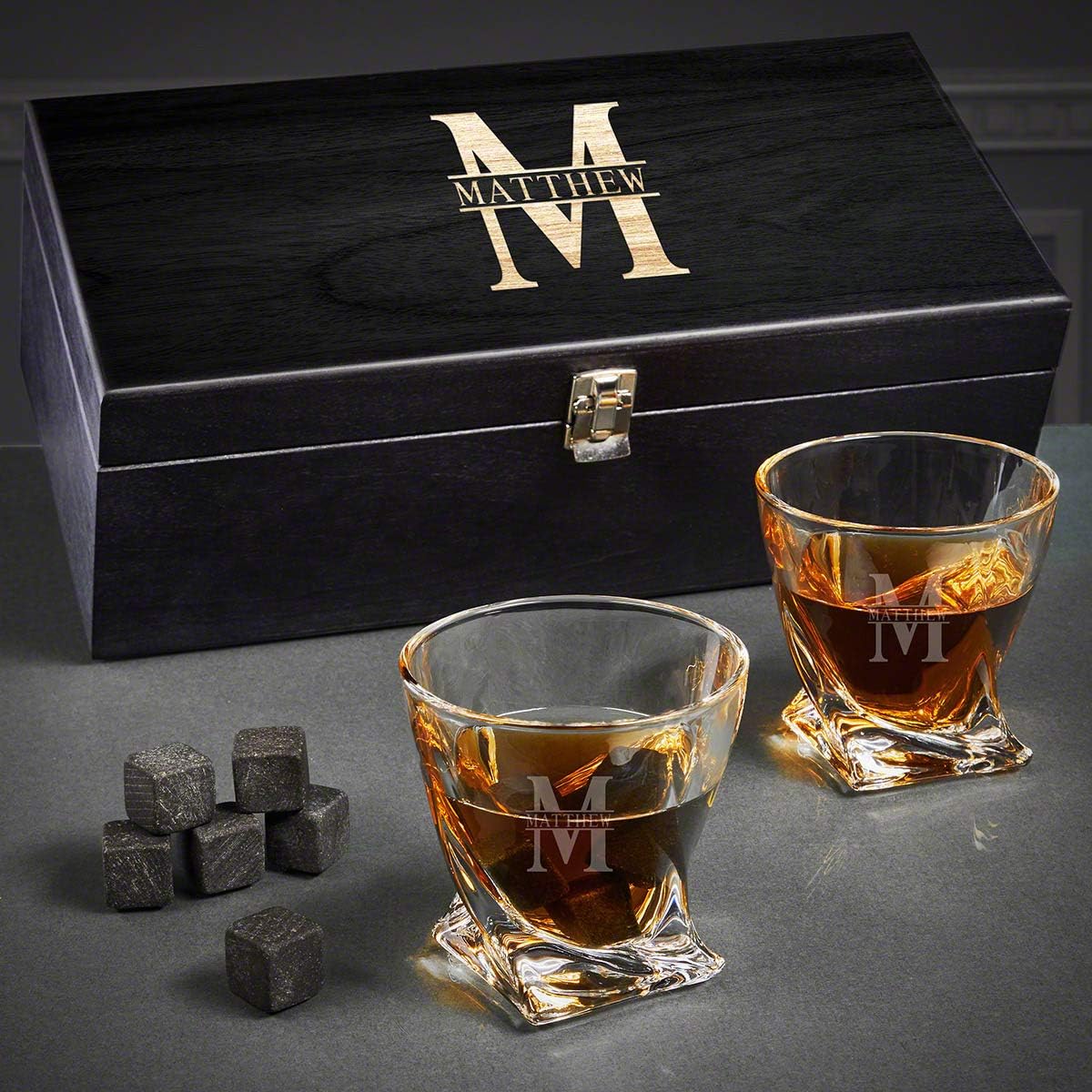 Engraved Twist Whiskey Glasses and Baltic Birch Wooden Idea Box Set