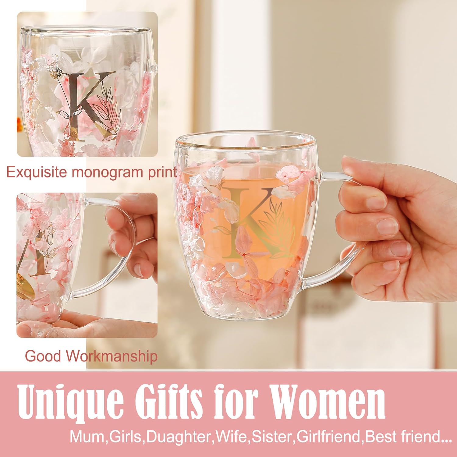 Personalized Gifts for Women Double Wall Flower Glass Coffee Mug Tea cup With Spoon Monogrammed Customized Gifts Birthday Christmas Valentine Mother's Day Gift for Mom Her Wife Friends Bride Sister(K) - Image 8
