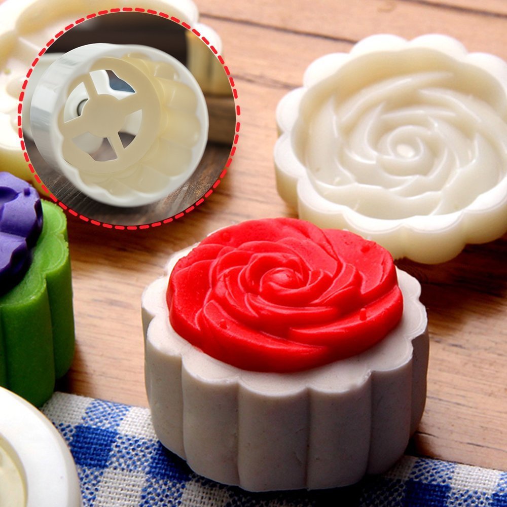 Senhai 2 zestawy foremek Mooncake Mould Press 50 g z 11 znaczkami, kwiaty i trójkątne kształty, narzędzia do dekoracji ciastek DIY, kolor biały