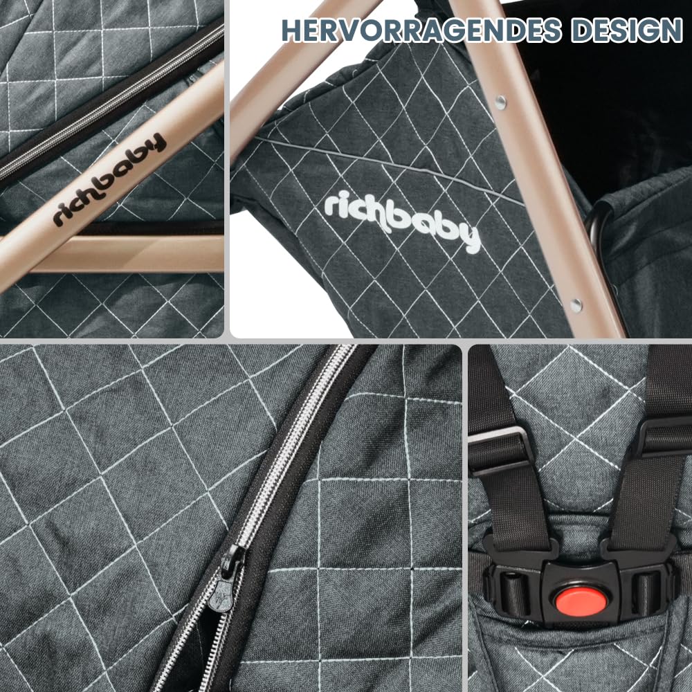Passeggino combinato 2 in 1 con culla rimovibile, sospensioni All-Terrain, pieghevole con una sola mano, manubrio regolabile in altezza, ampio vano portaoggetti, sedile reversibile, per neonati fino a