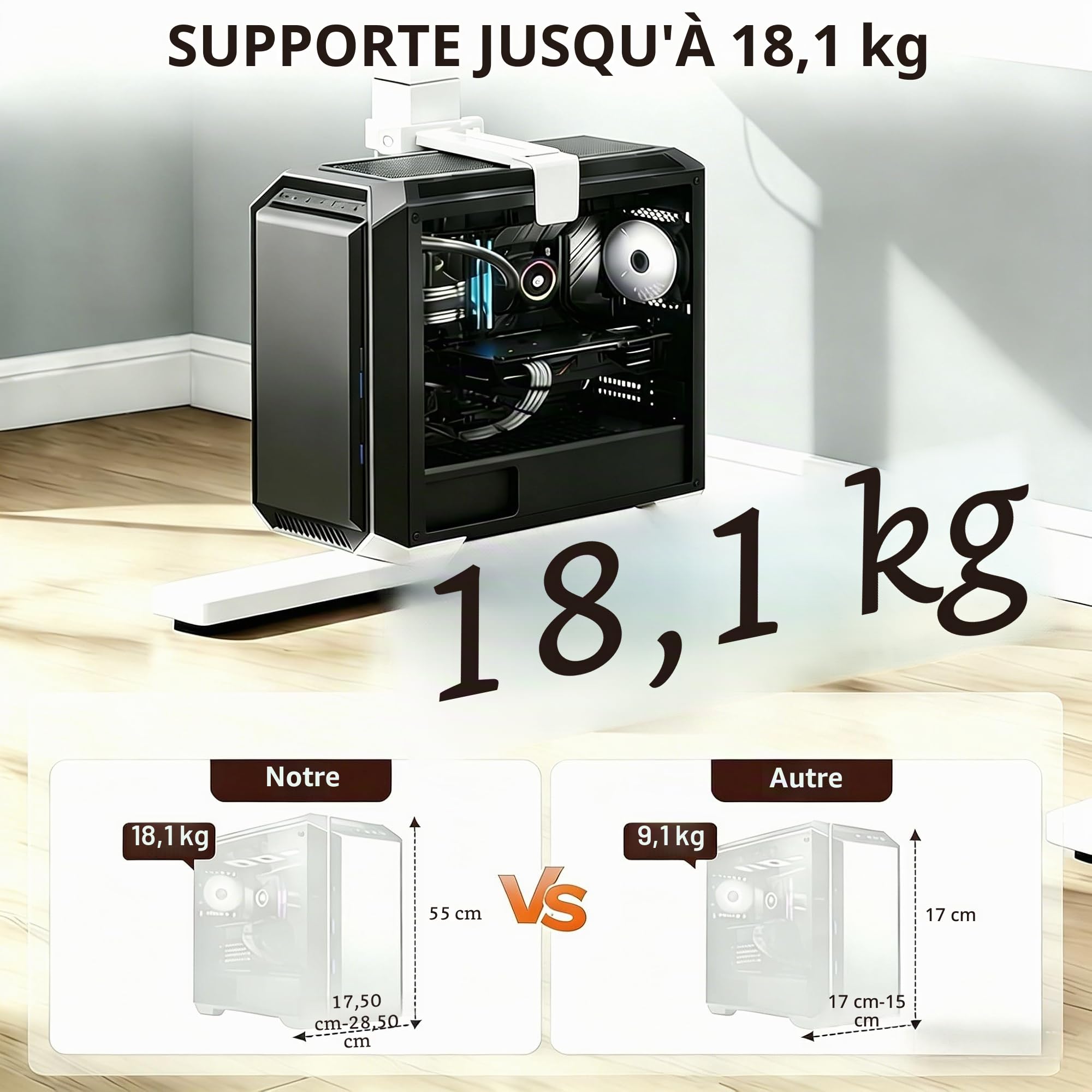 Mihawk Support PC réglable sous le bureau Sans perçage Support CPU pour bureaux réglables en hauteur Charge max 18 kg (40 lbs) Pour pieds de bureau 50 × 80 mm (blanc)
