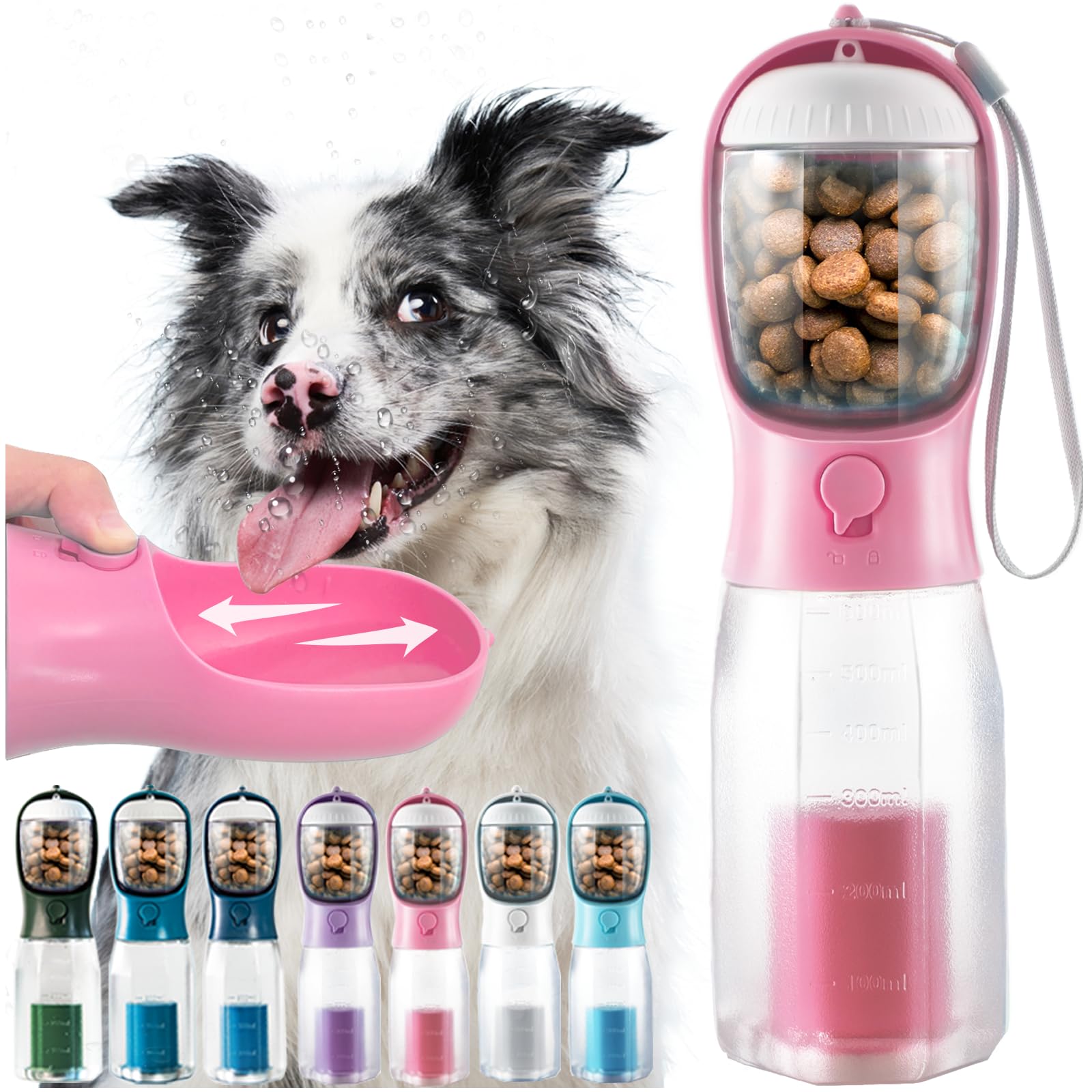 MoonyMars Portable Water Bottle for Dogs, 3 in 1 Pet Travel Bowl Dispenser with Food Treat Container & Poop Bag Holder, Summer Outdoor Walking Hiking
